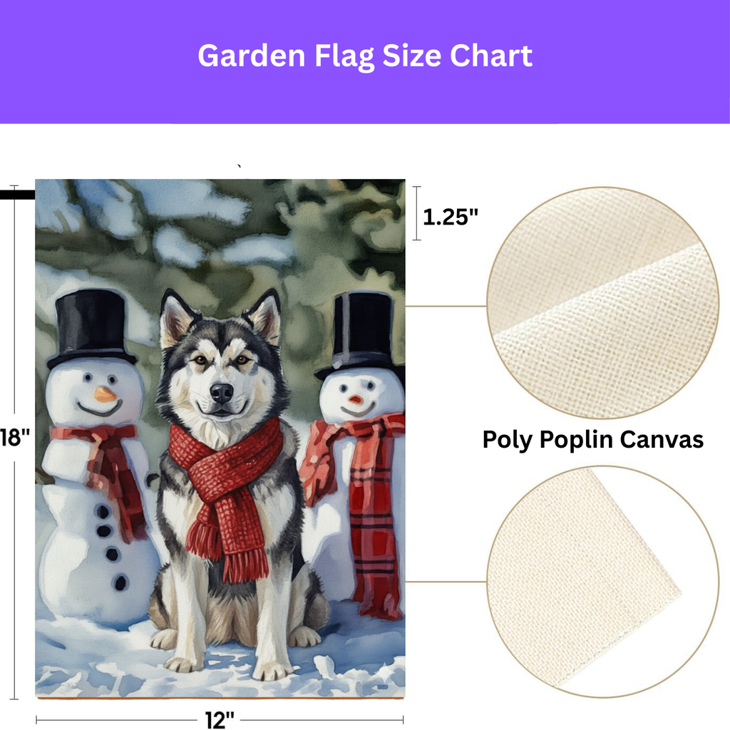 Alaskan Malamute and Snowmen Garden Flag - size comparison - Dragonfire Gardens