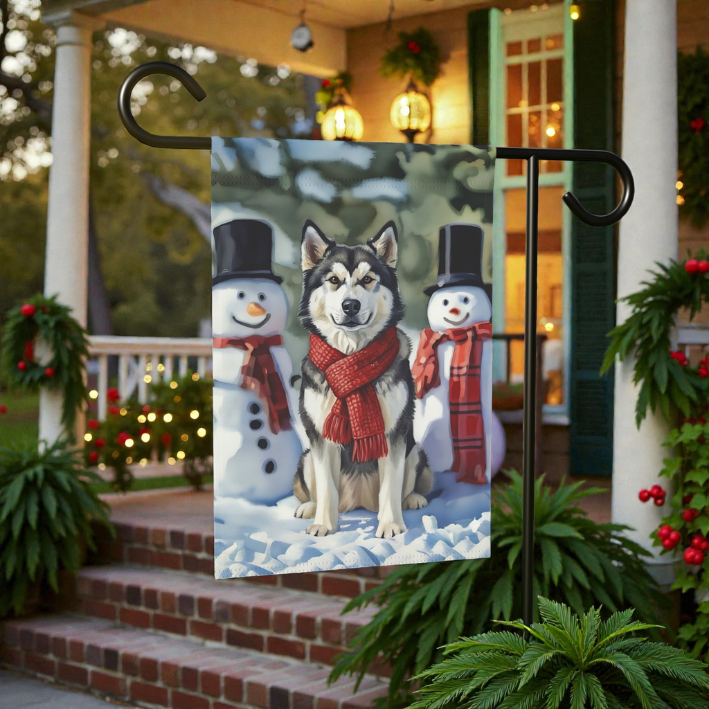 Alaskan Malamute and Snowmen Garden Flag - lifestyle display - Dragonfire Gardens