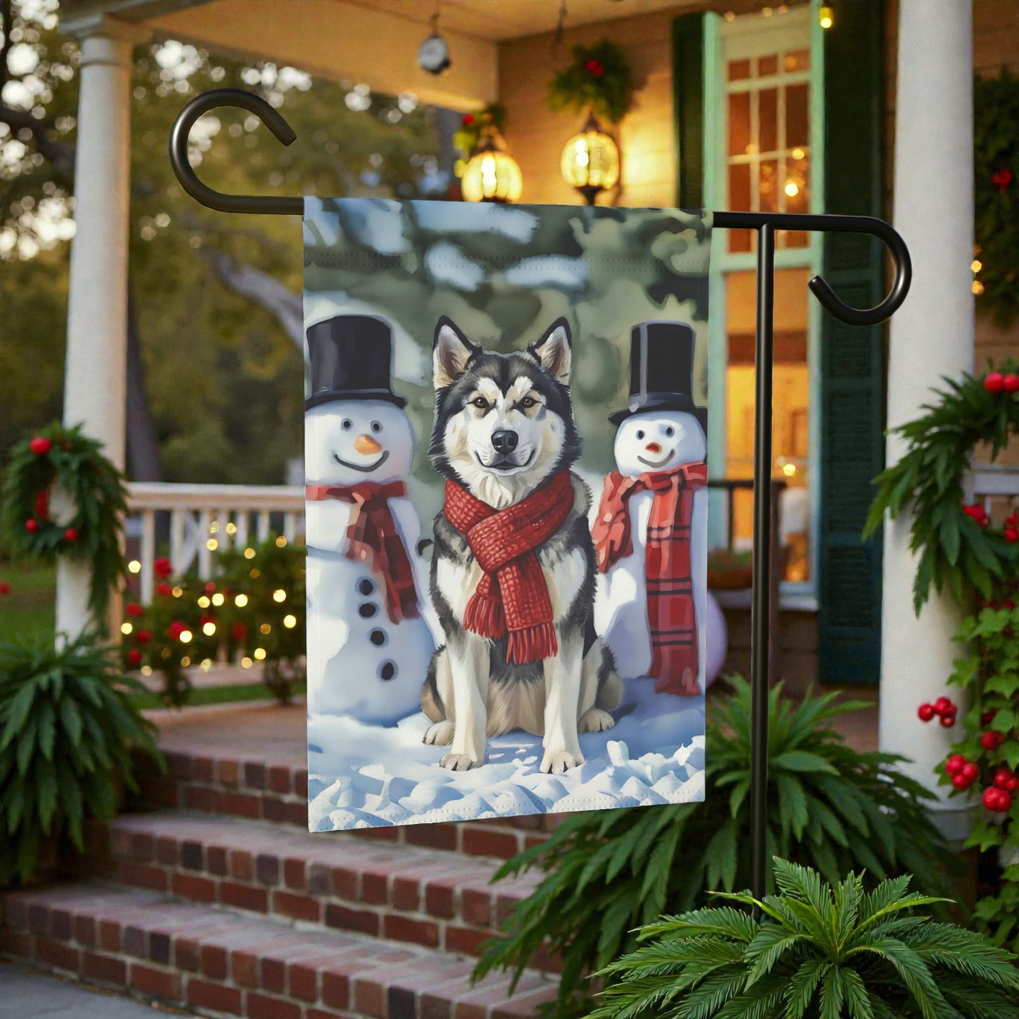 Alaskan Malamute and Snowmen Garden Flag - lifestyle display - Dragonfire Gardens