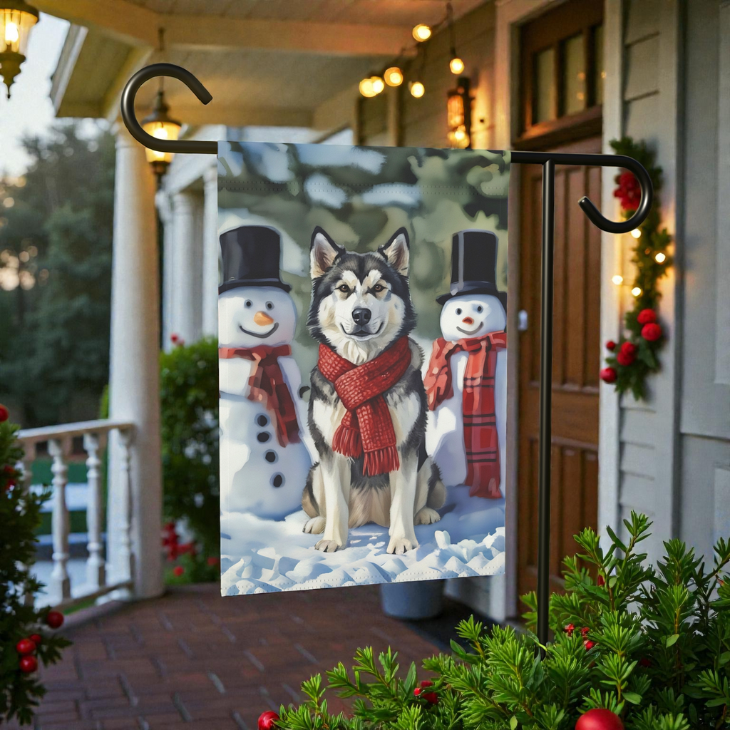 Alaskan Malamute and Snowmen Garden Flag - outdoor display - Dragonfire Gardens