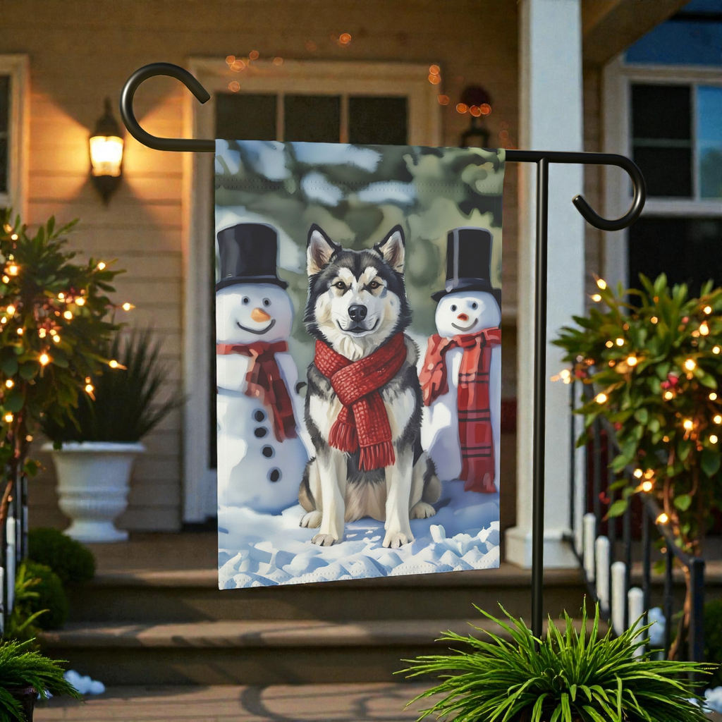 Alaskan Malamute and Snowmen Garden Flag - front view - Dragonfire Gardens