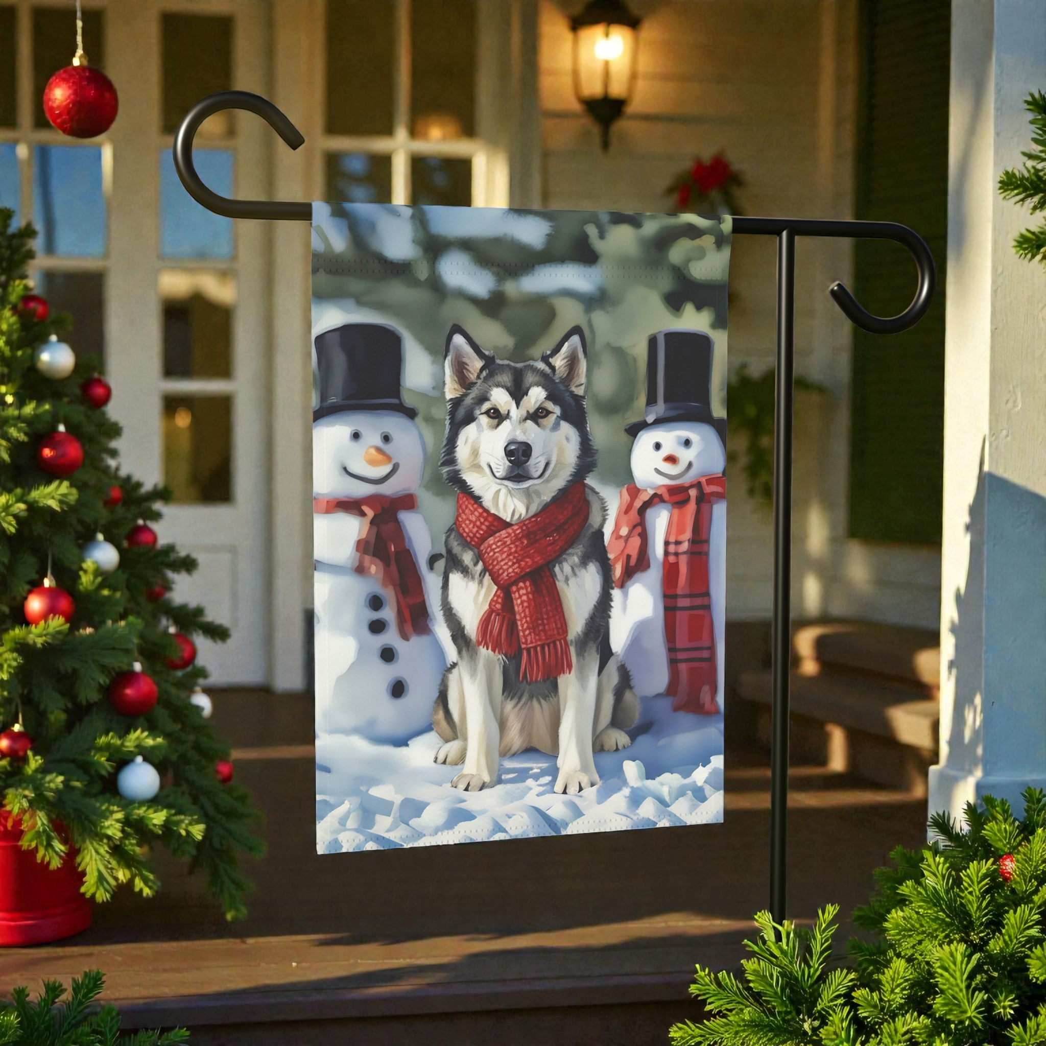 Alaskan Malamute and Snowmen Garden Flag - product detail - Dragonfire Gardens