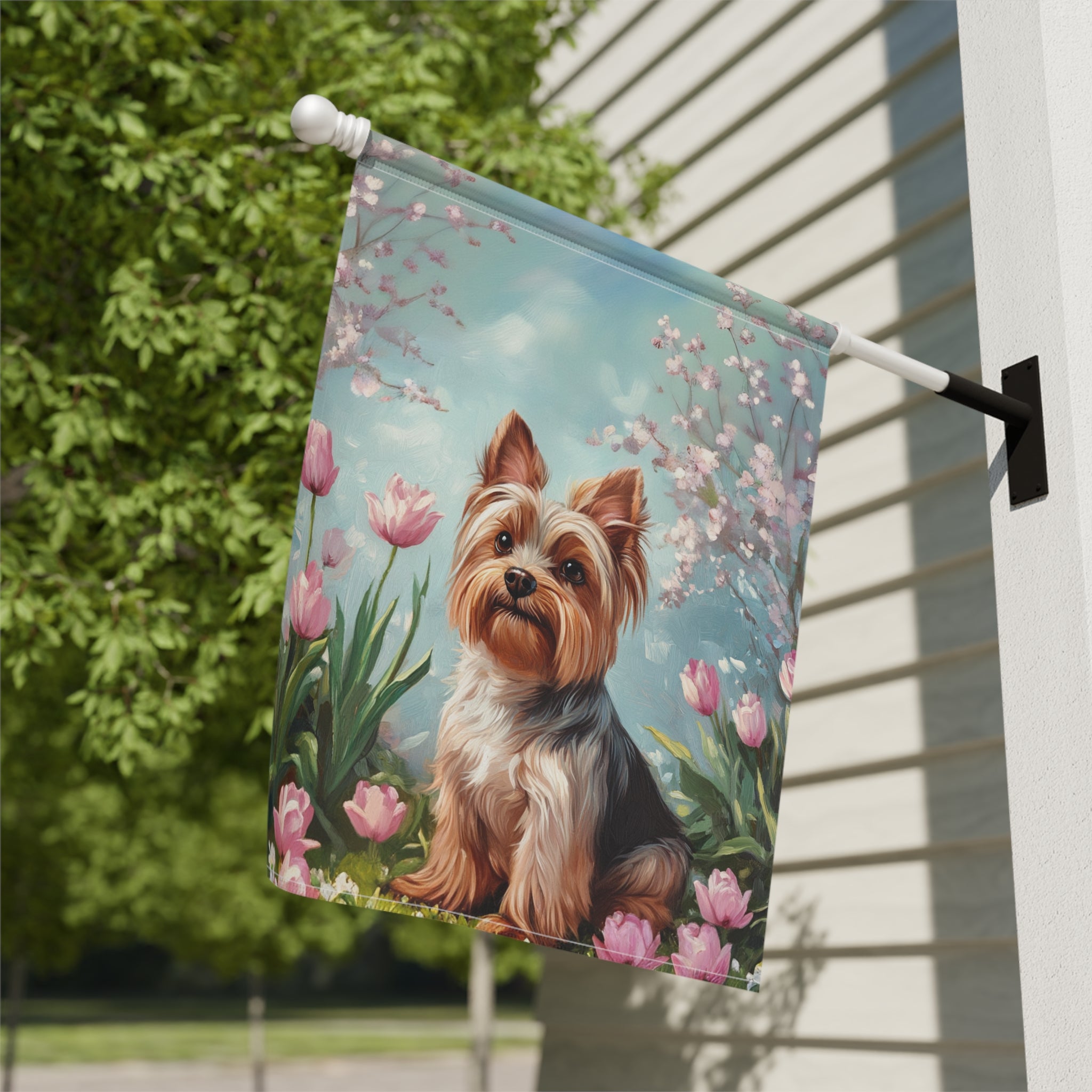 Yorkie and Tulips Spring Garden Flag - close-up detail - Dragonfire Gardens
