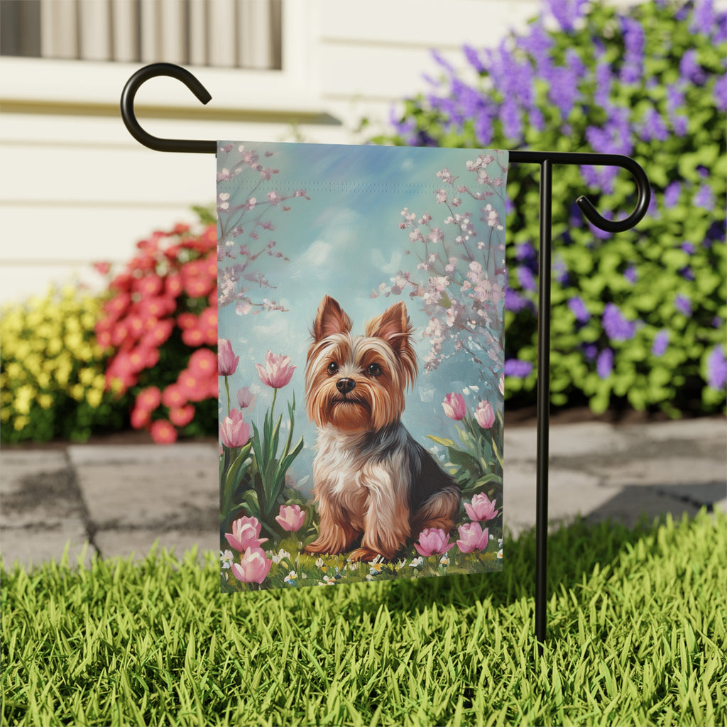 Yorkie and Tulips Spring Garden Flag