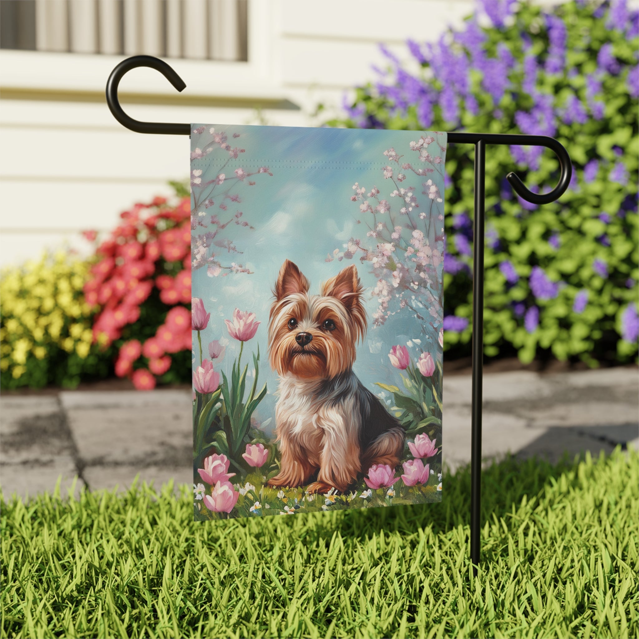Yorkie and Tulips Spring Garden Flag