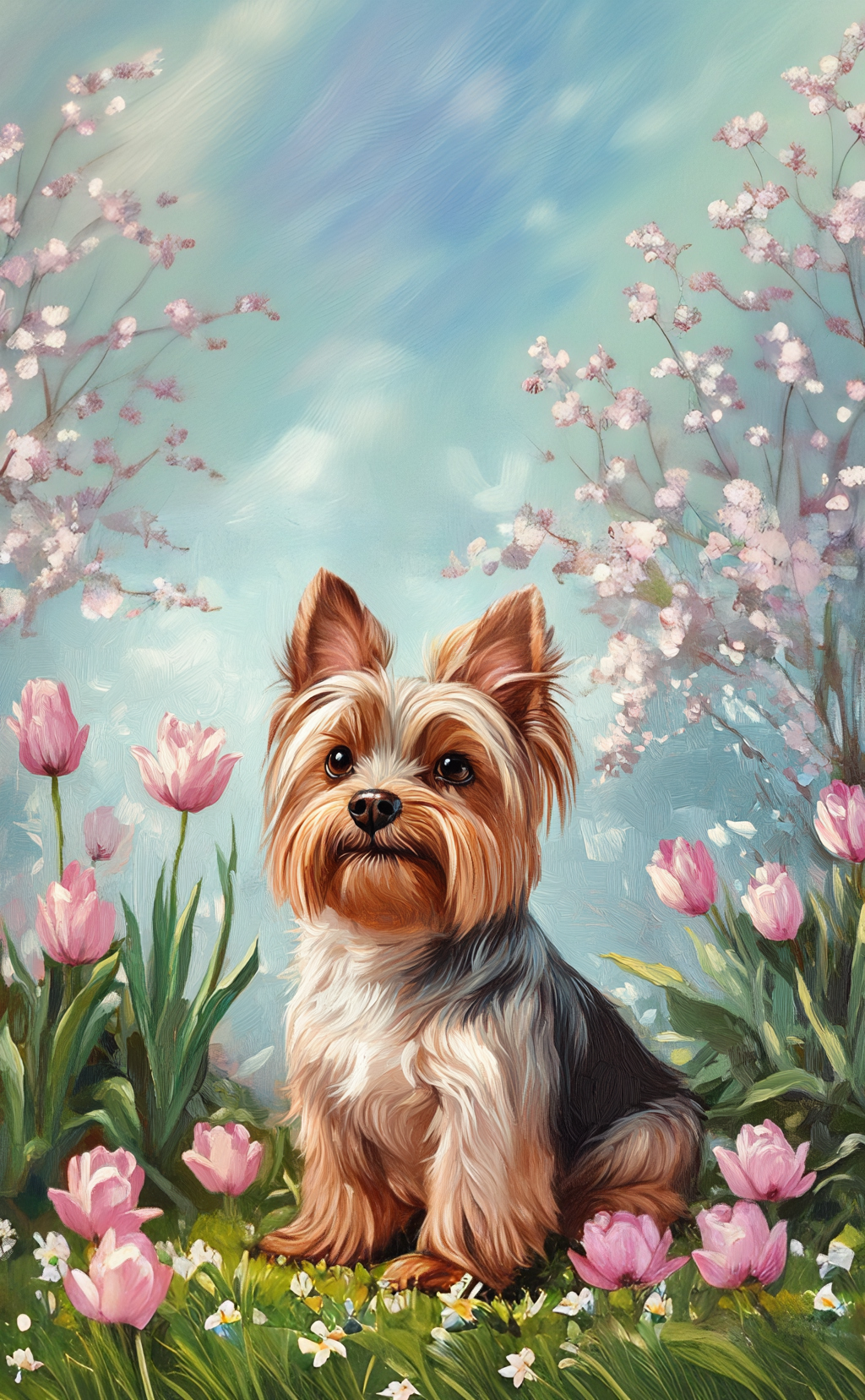 Yorkie and Tulips Spring Garden Flag