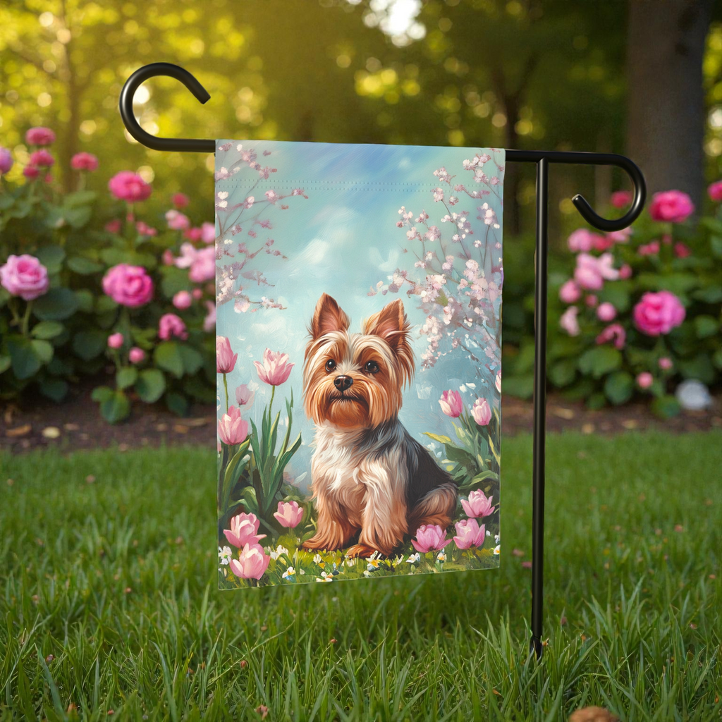 Yorkie and Tulips Spring Garden Flag