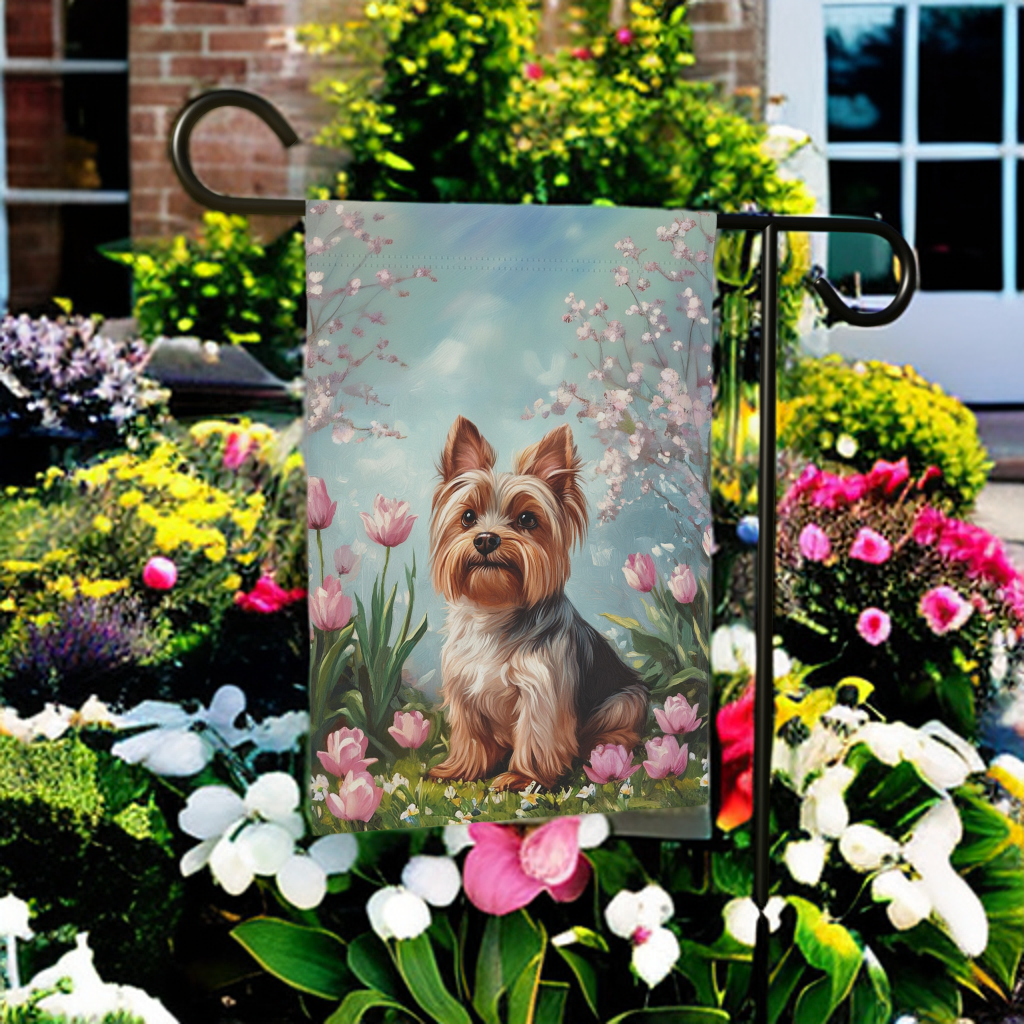 Yorkie and Tulips Spring Garden Flag