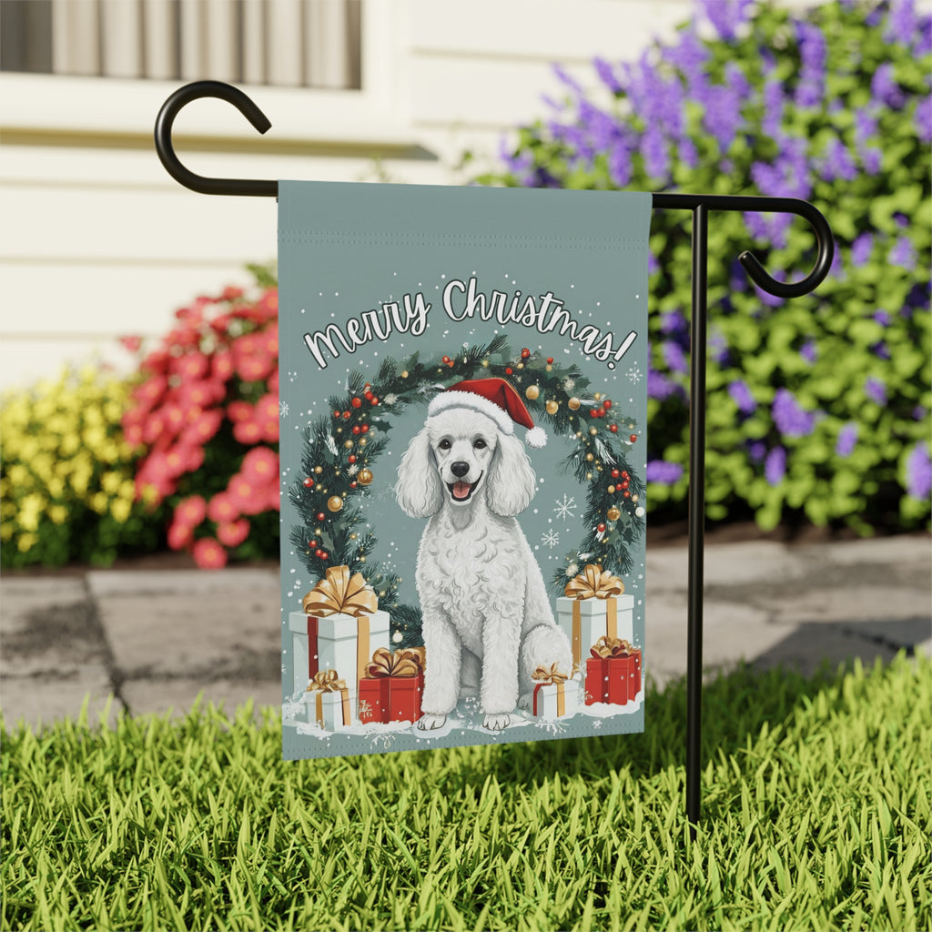 Merry Christmas Poodle Garden Flag, Garden Flag - close-up detail - Dragonfire Gardens