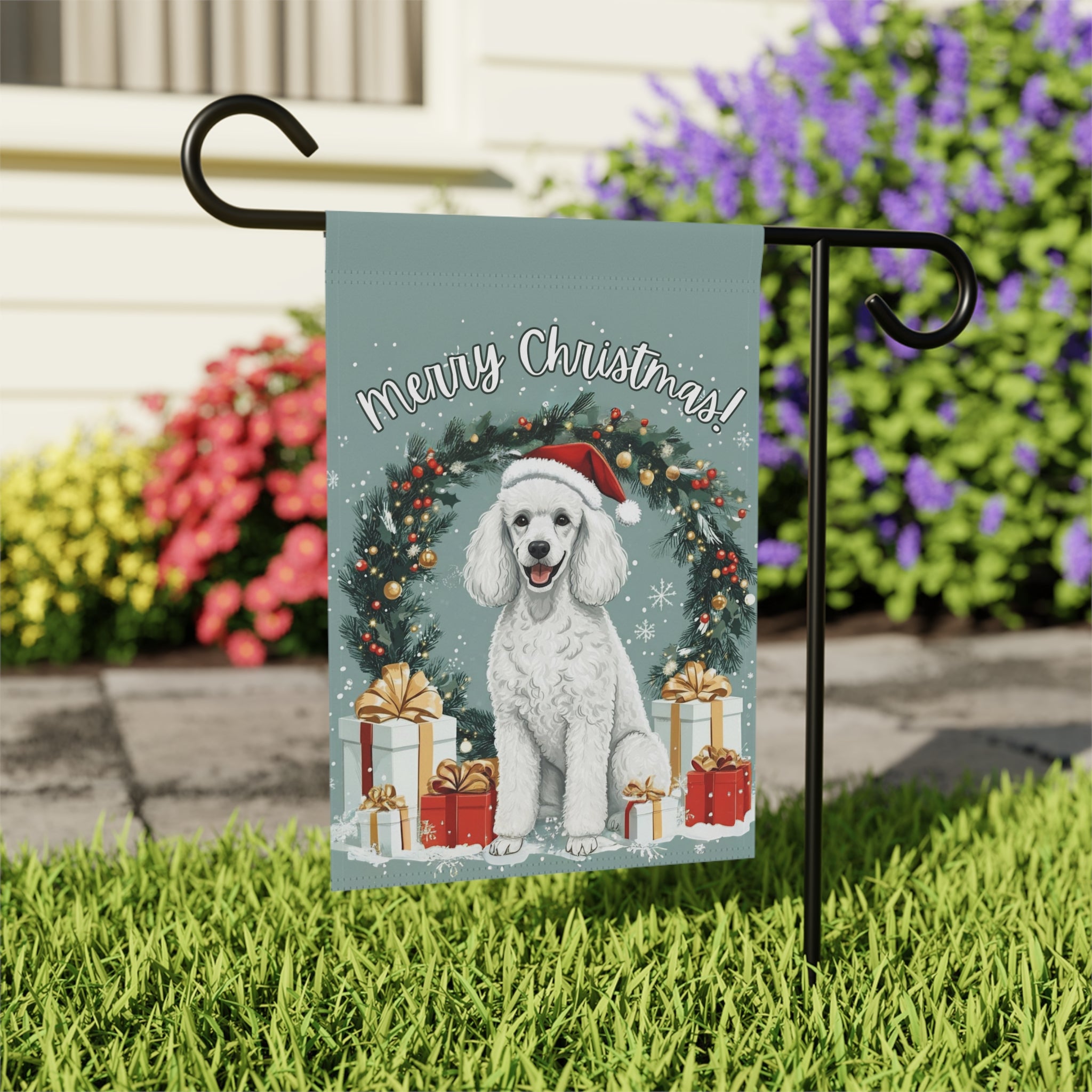 Merry Christmas Poodle Garden Flag, Garden Flag - close-up detail - Dragonfire Gardens