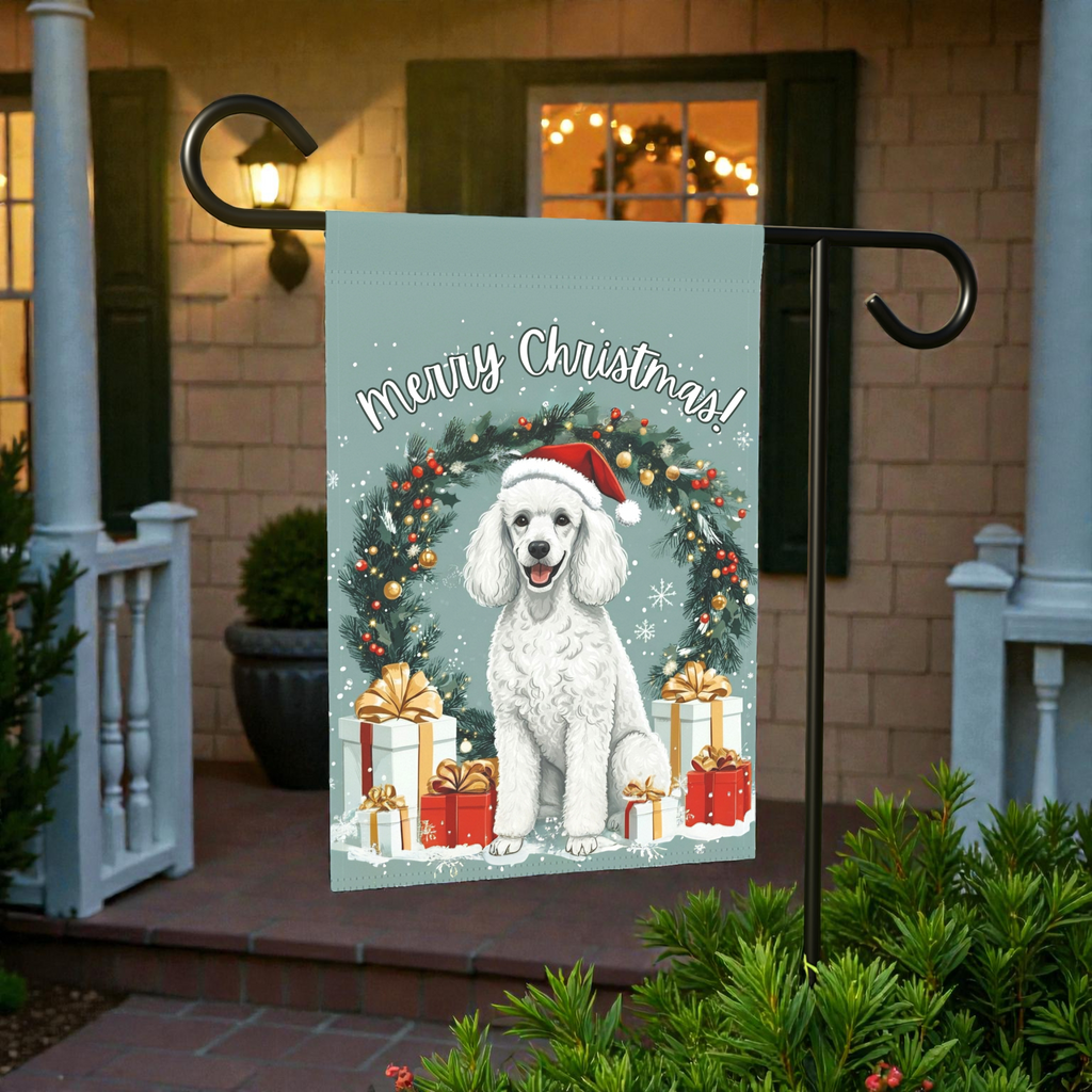 Merry Christmas Poodle Garden Flag, Garden Flag - lifestyle display - Dragonfire Gardens
