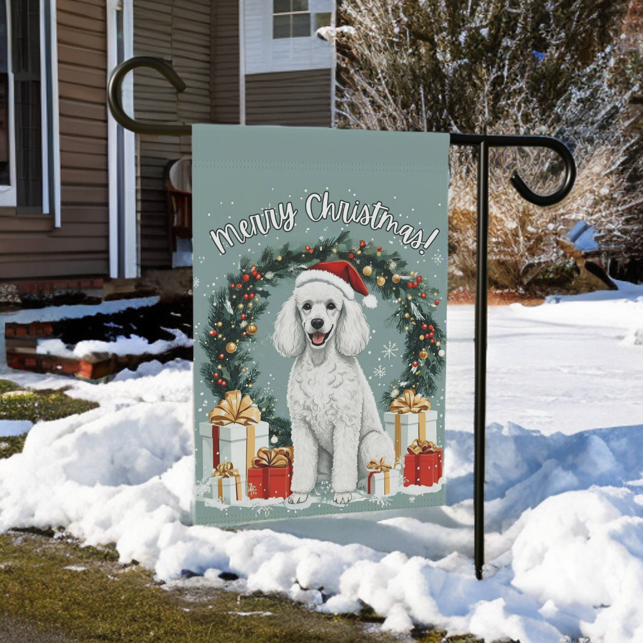 Merry Christmas Poodle Garden Flag, Garden Flag - outdoor display - Dragonfire Gardens