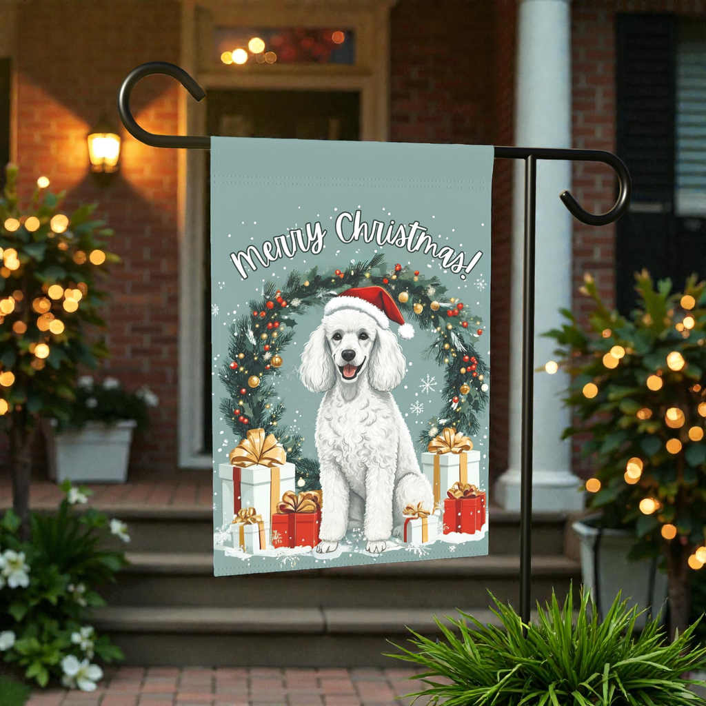 Merry Christmas Poodle Garden Flag, Garden Flag - front view - Dragonfire Gardens