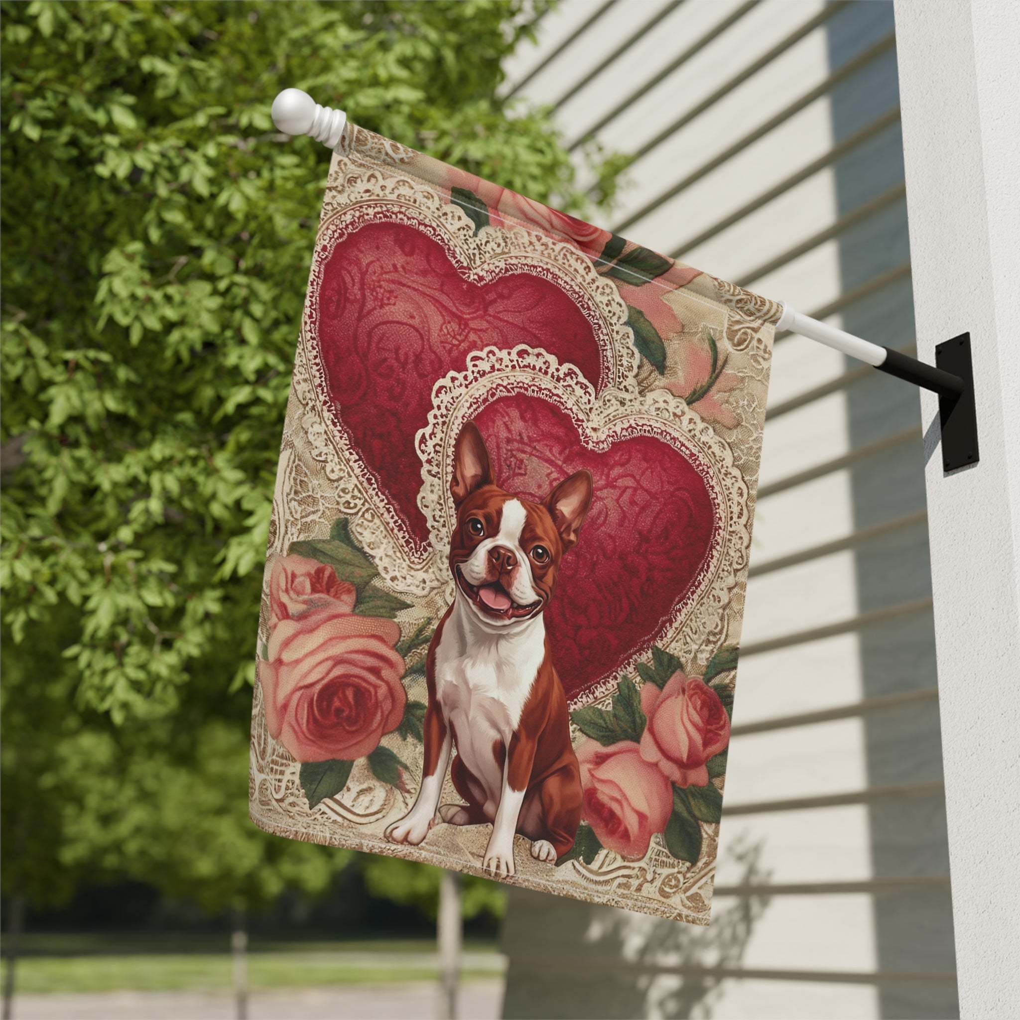 Two Heart Red Boston Terrier Valentines Garden Flag