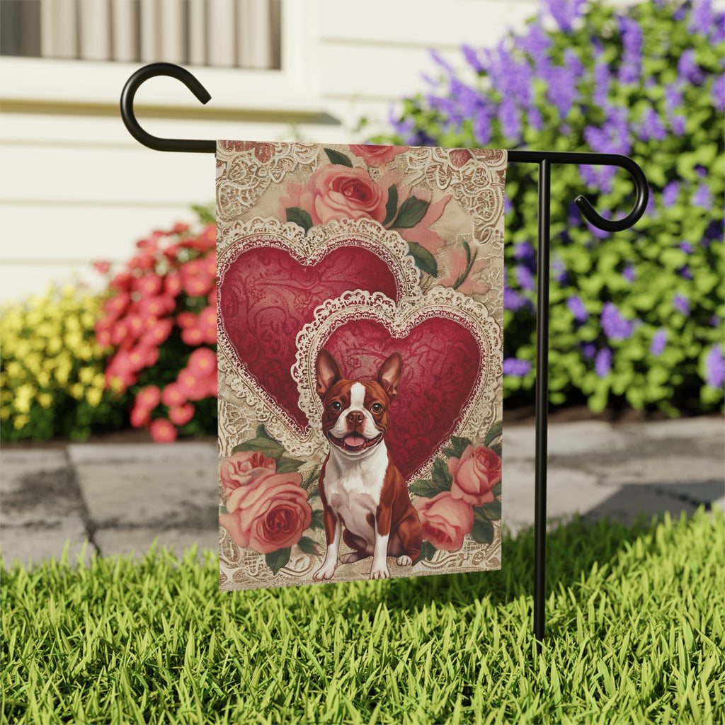 Two Heart Red Boston Terrier Valentines Garden Flag