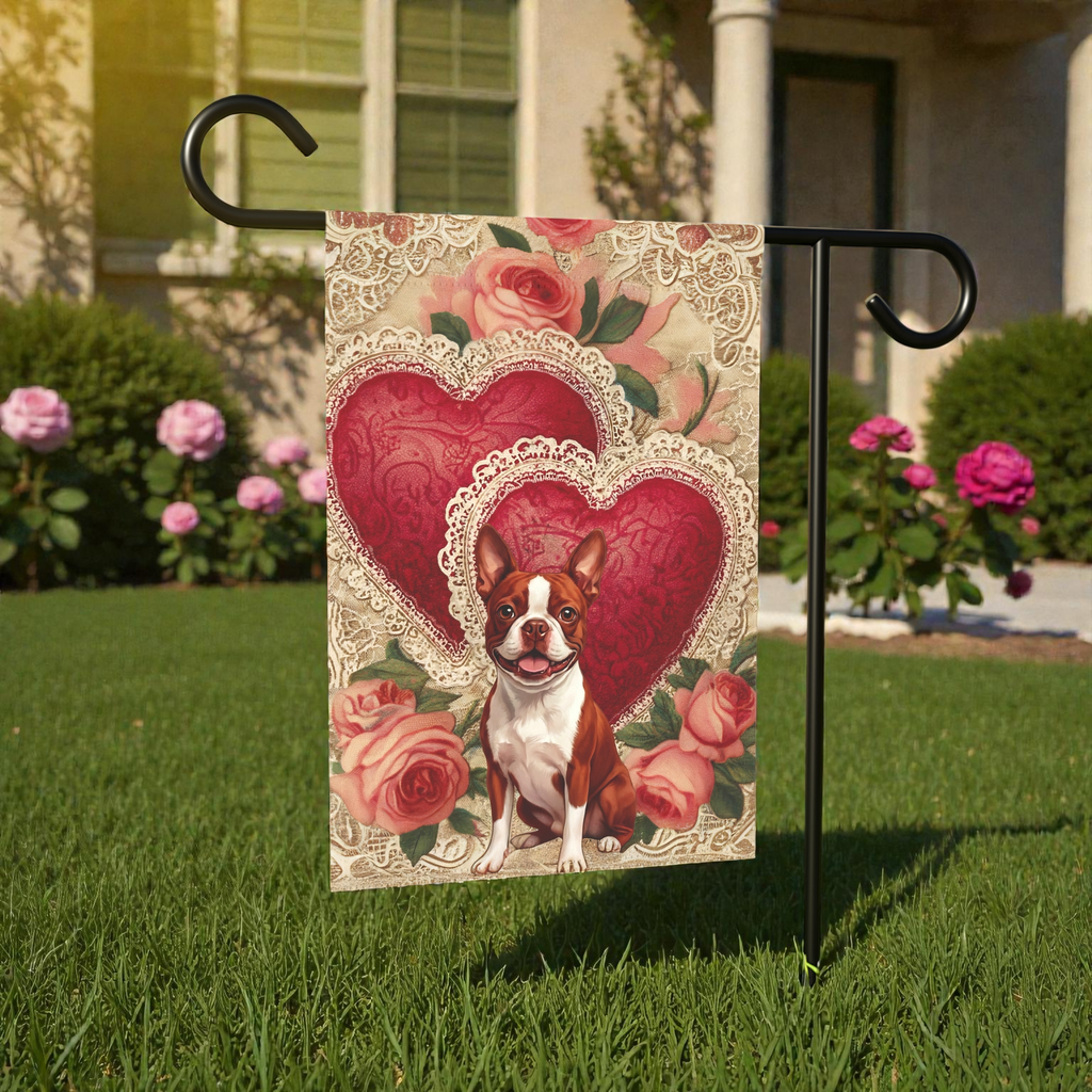 Two Heart Red Boston Terrier Valentines Garden Flag