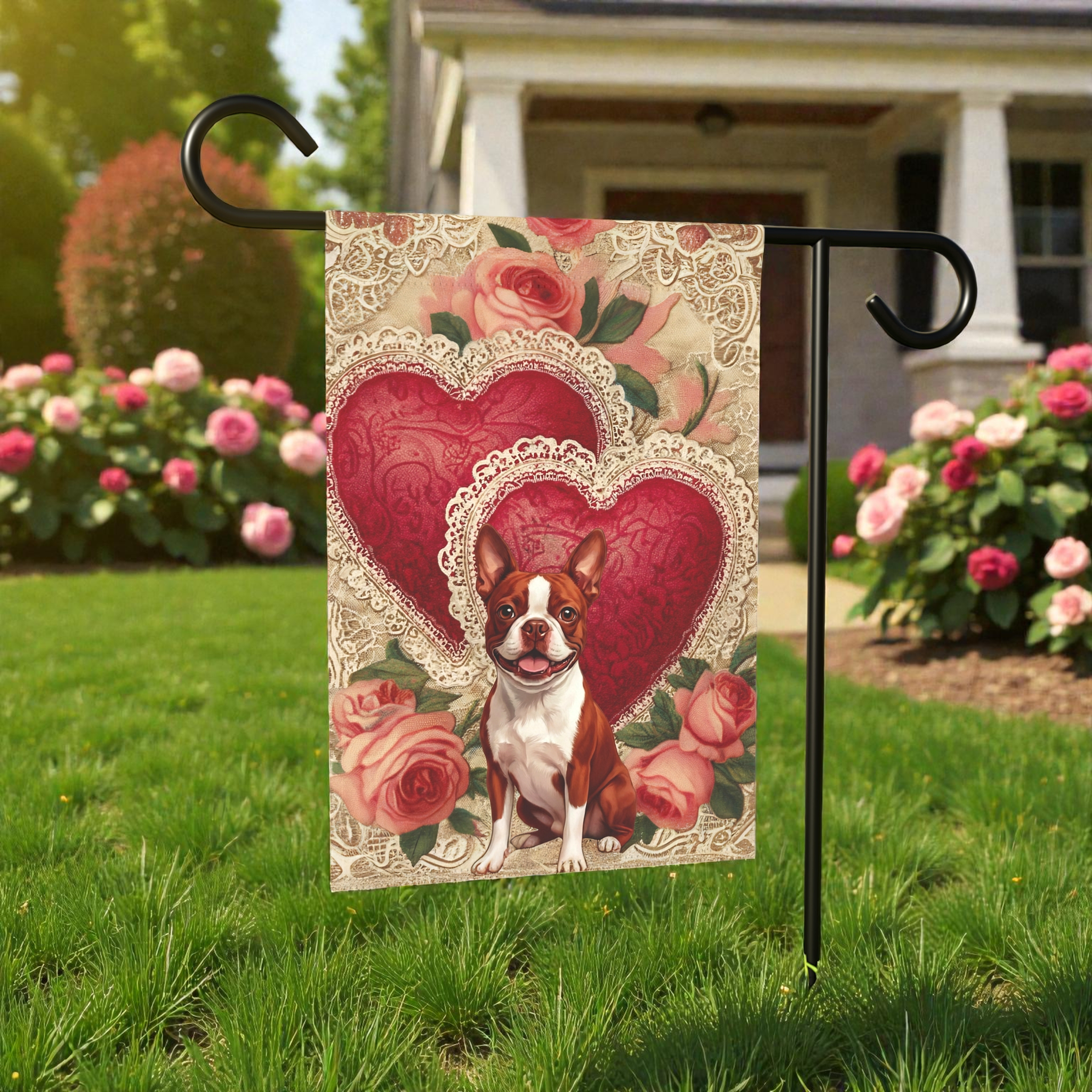 Two Heart Red Boston Terrier Valentines Garden Flag
