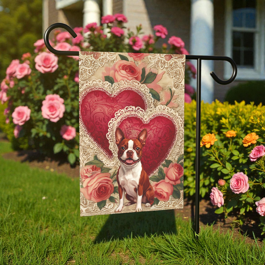 Two Heart Red Boston Terrier Valentines Garden Flag
