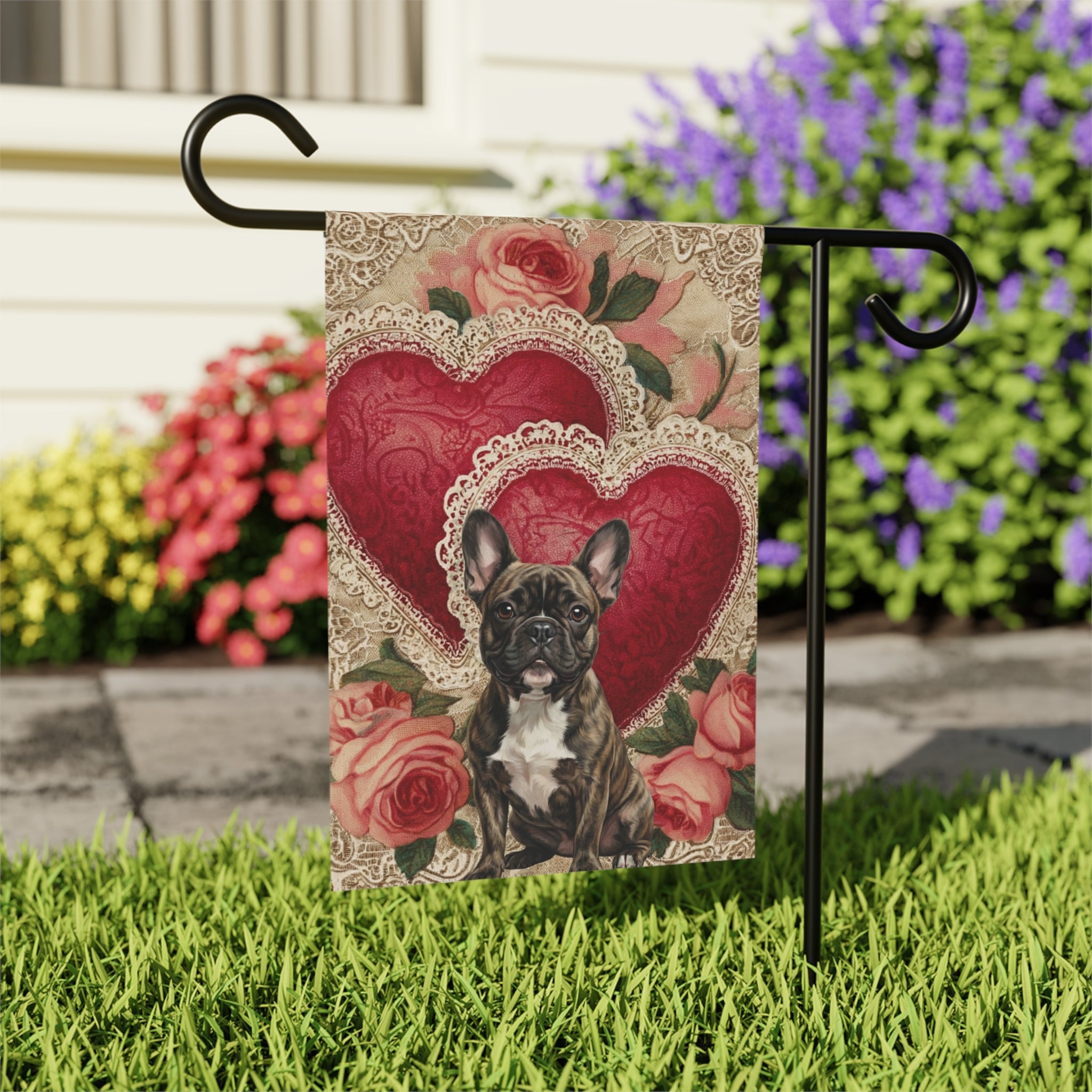 Two Heart Brindle French Bulldog Valentines Garden Flag