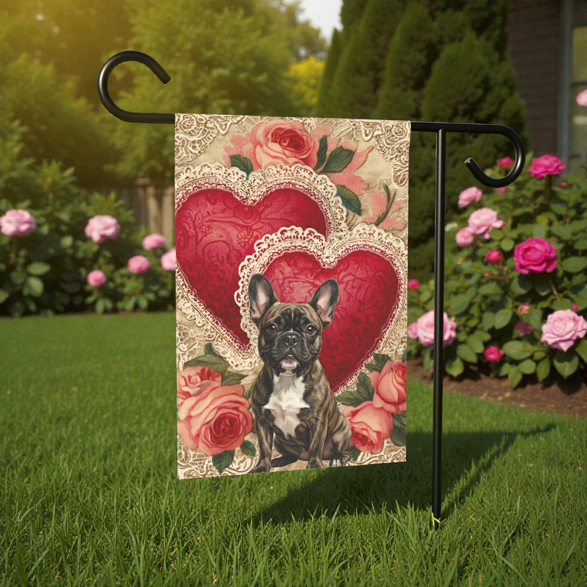Two Heart Brindle French Bulldog Valentines Garden Flag