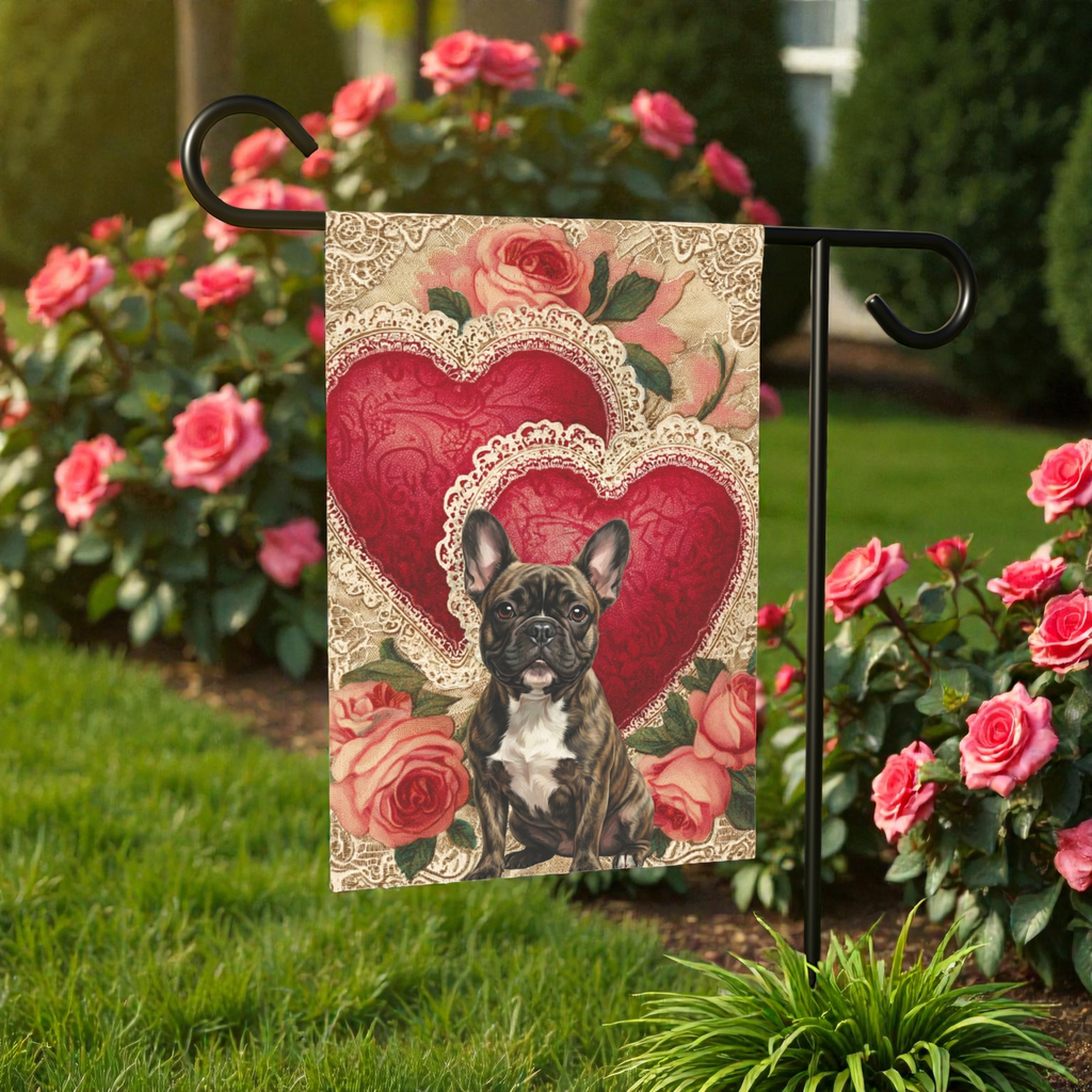 Two Heart Brindle French Bulldog Valentines Garden Flag