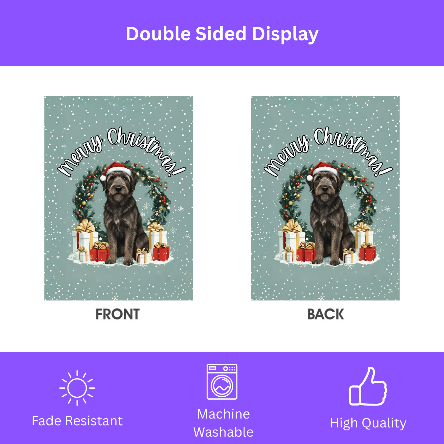 Merry Christmas Bouvier Des Ardennes Garden Flag - size comparison - Dragonfire Gardens
