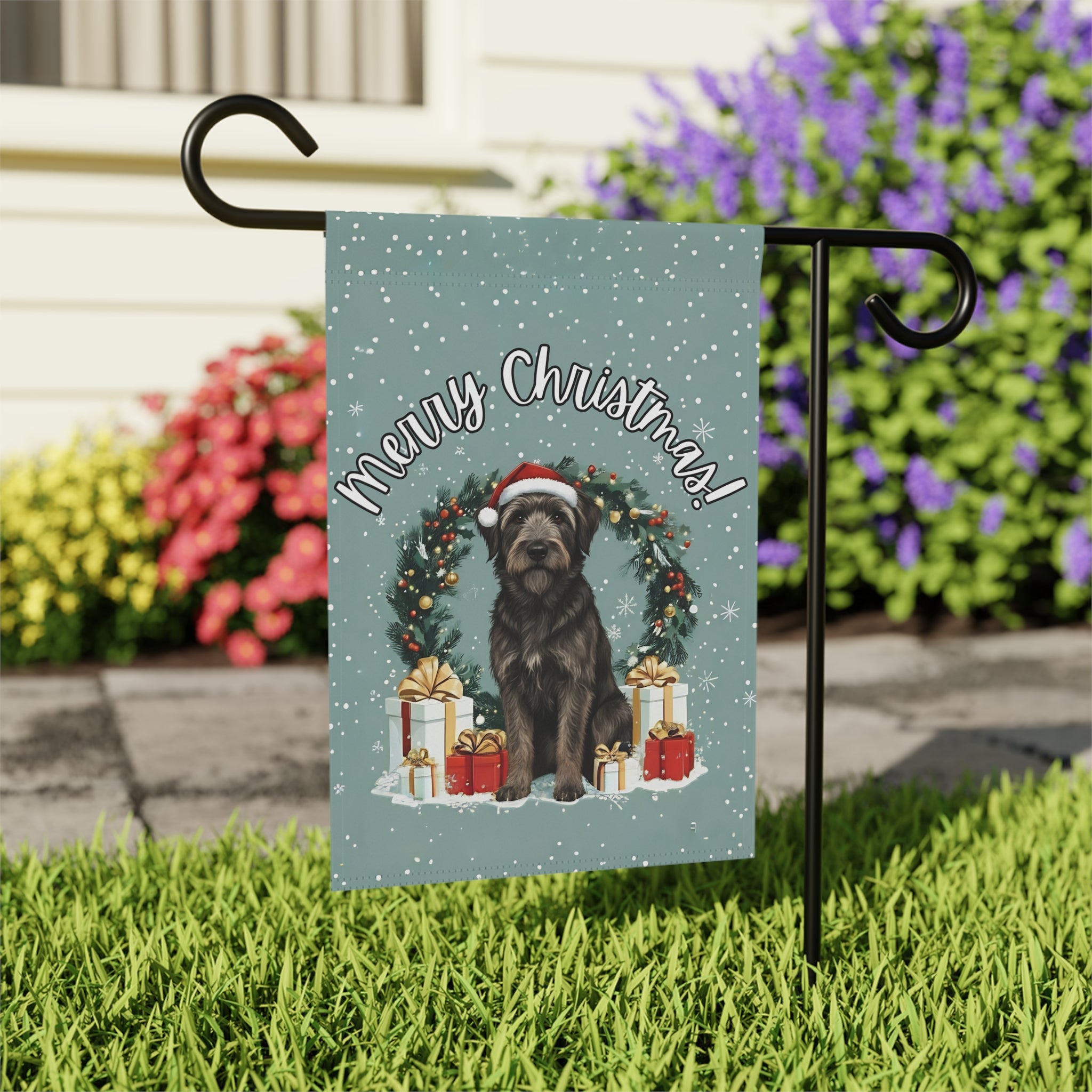 Merry Christmas Bouvier Des Ardennes Garden Flag - close-up detail - Dragonfire Gardens