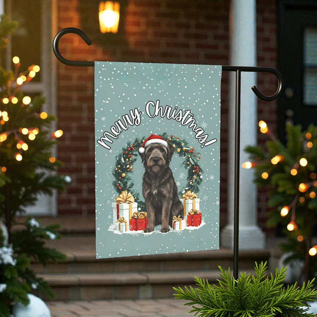 Merry Christmas Bouvier Des Ardennes Garden Flag - outdoor display - Dragonfire Gardens