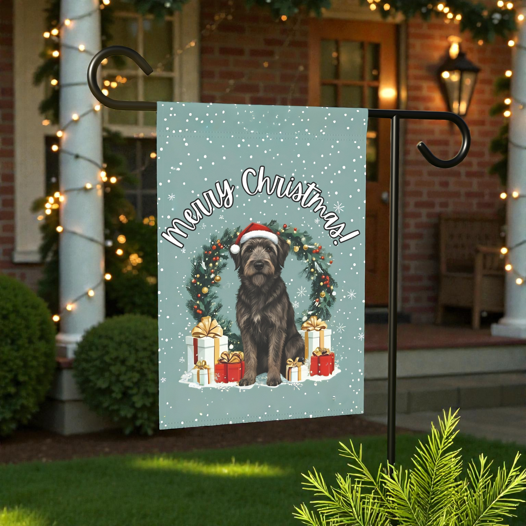 Merry Christmas Bouvier Des Ardennes Garden Flag - lifestyle display - Dragonfire Gardens