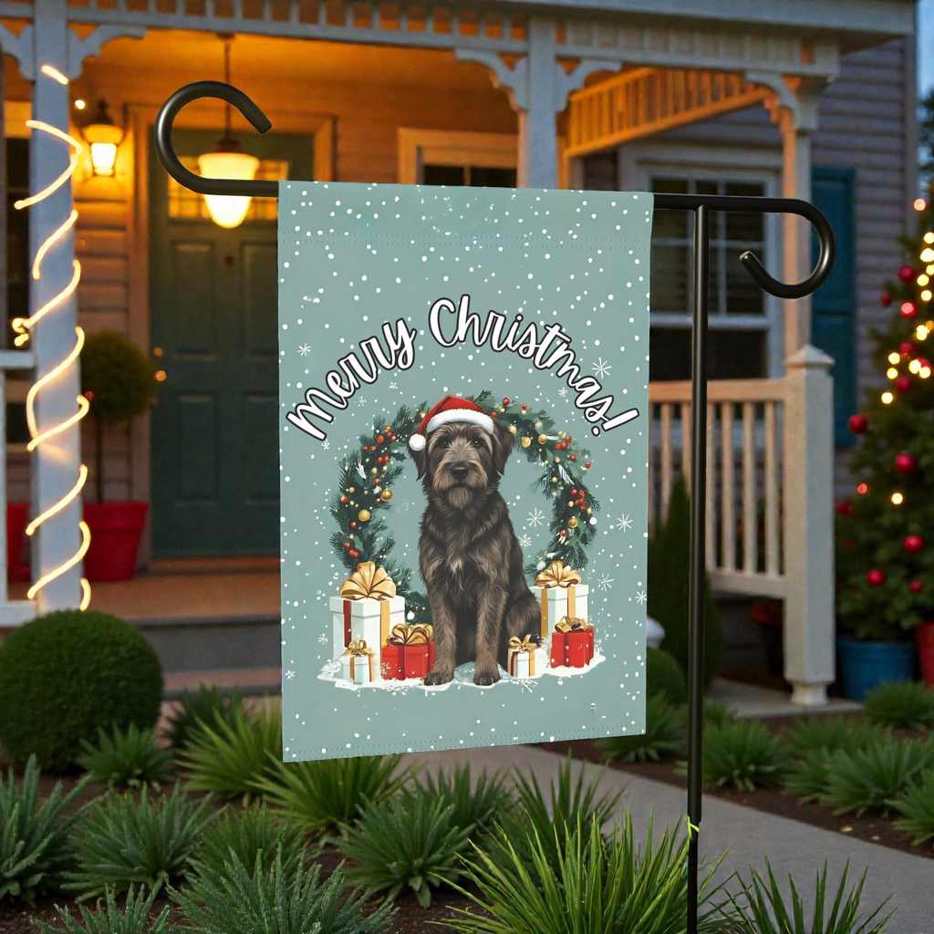 Merry Christmas Bouvier Des Ardennes Garden Flag - front view - Dragonfire Gardens