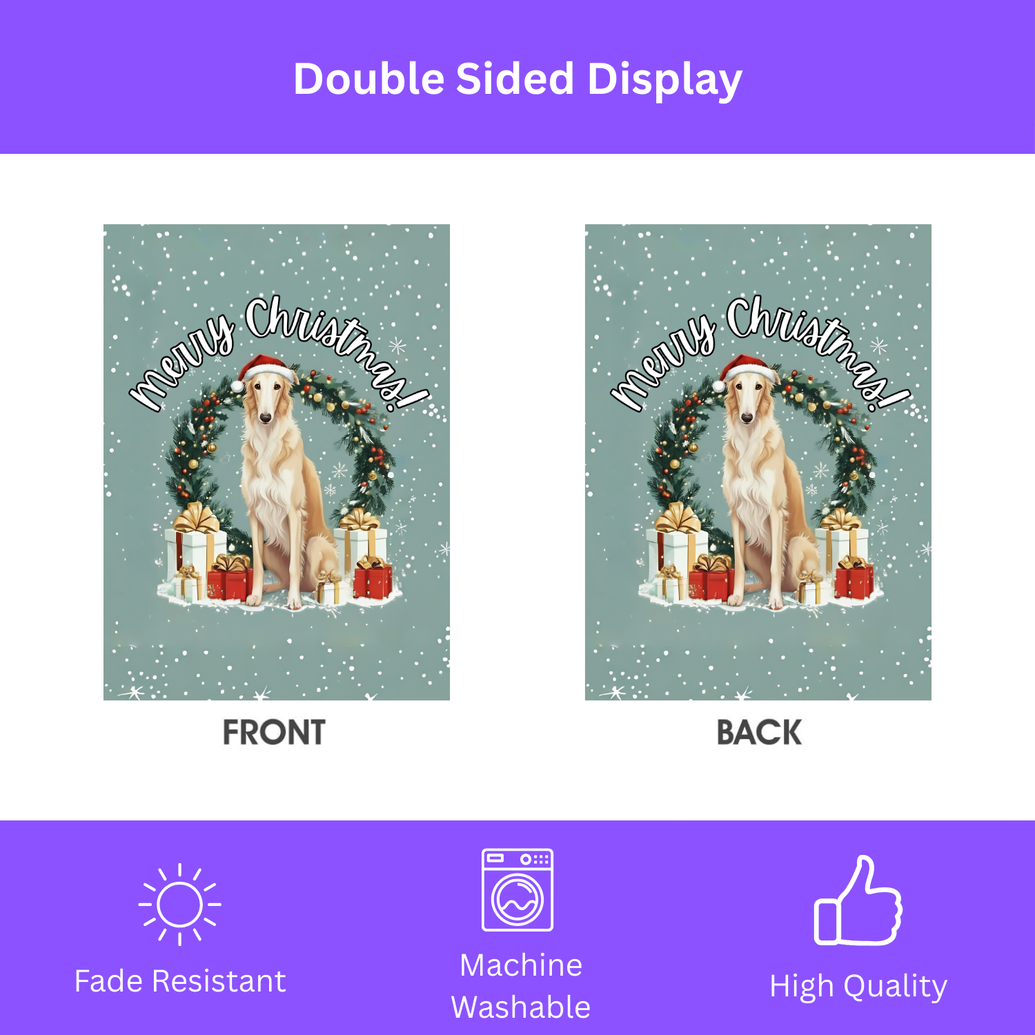 Merry Christmas Borzoi Garden Flag - size comparison - Dragonfire Gardens
