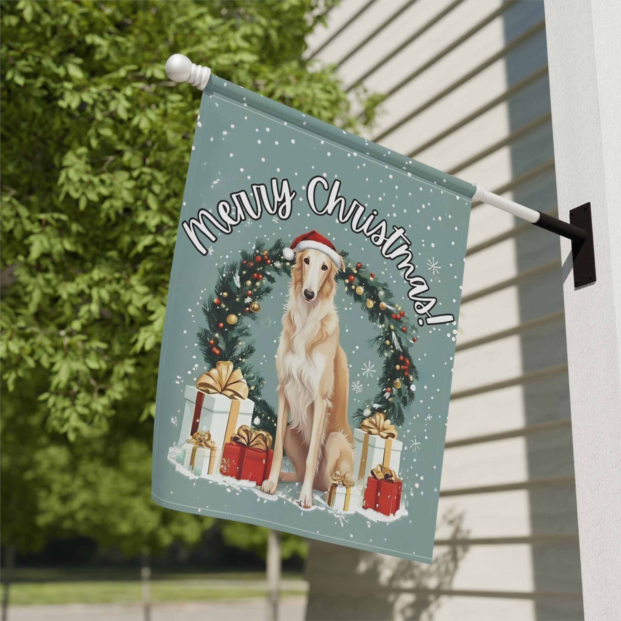 Merry Christmas Borzoi Garden Flag - yard display - Dragonfire Gardens