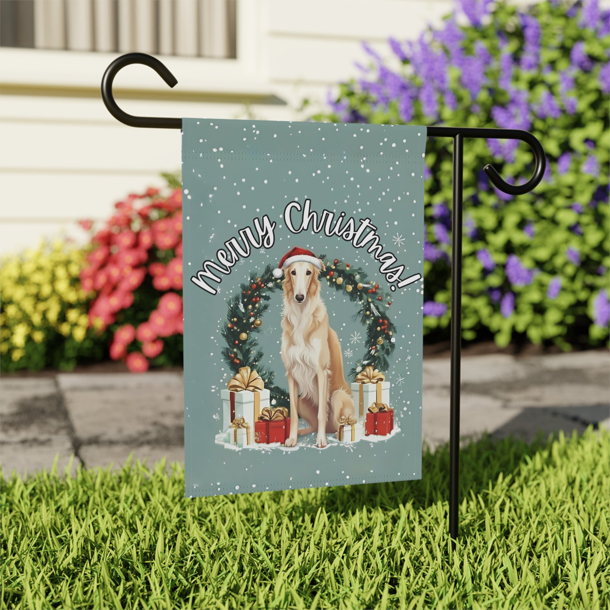 Merry Christmas Borzoi Garden Flag - close-up detail - Dragonfire Gardens