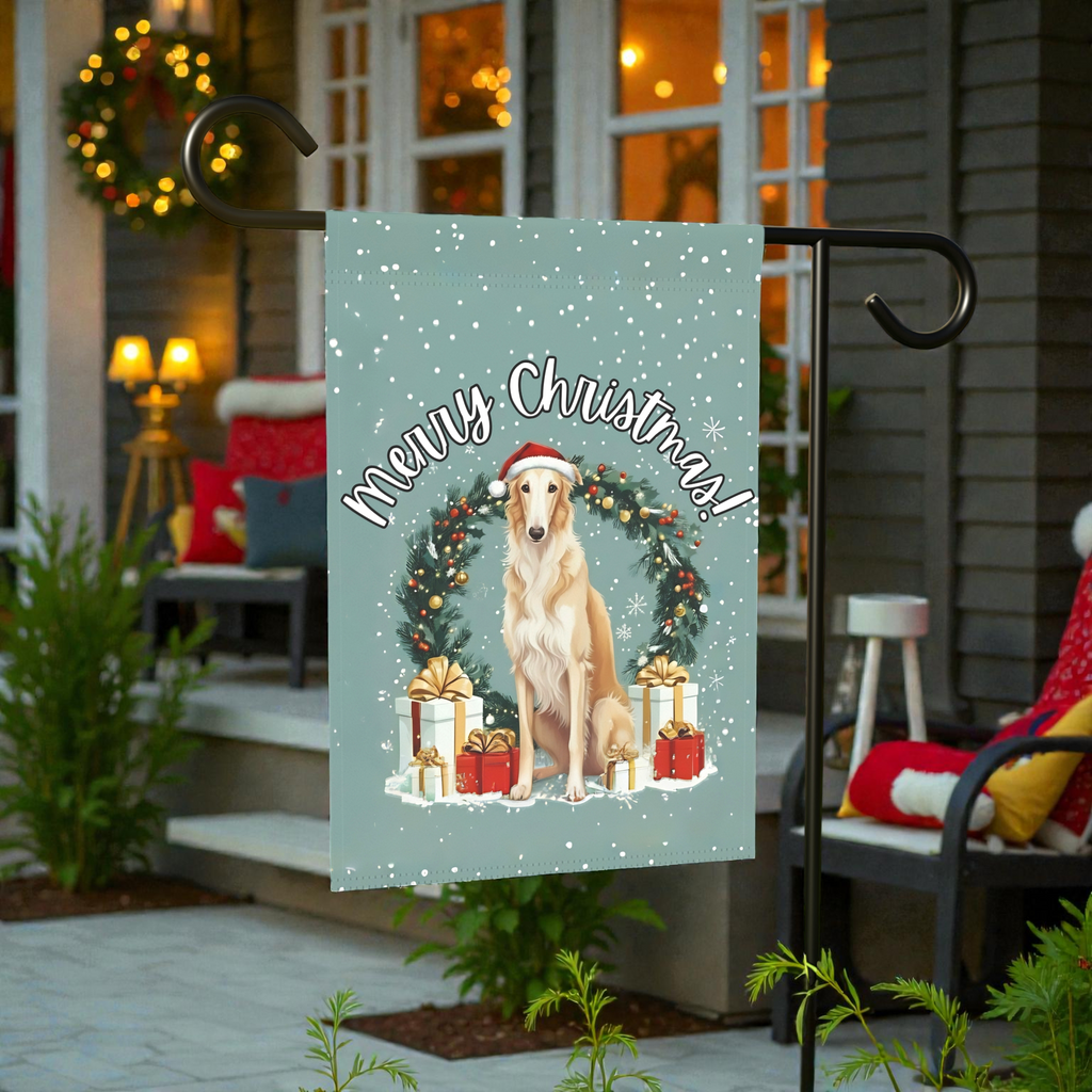 Merry Christmas Borzoi Garden Flag - lifestyle display - Dragonfire Gardens