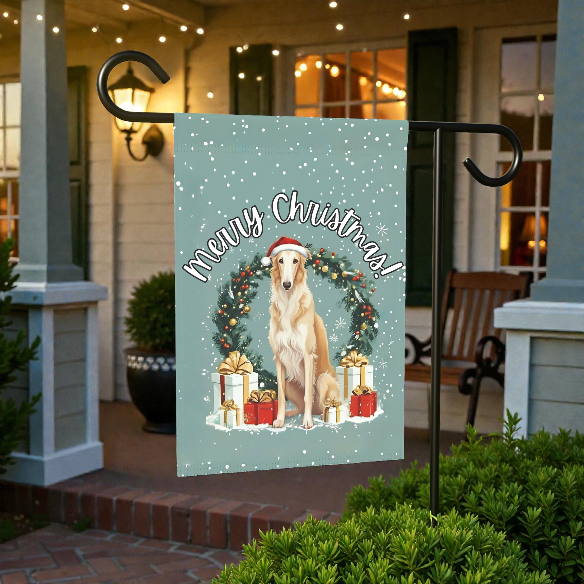 Merry Christmas Borzoi Garden Flag - outdoor display - Dragonfire Gardens
