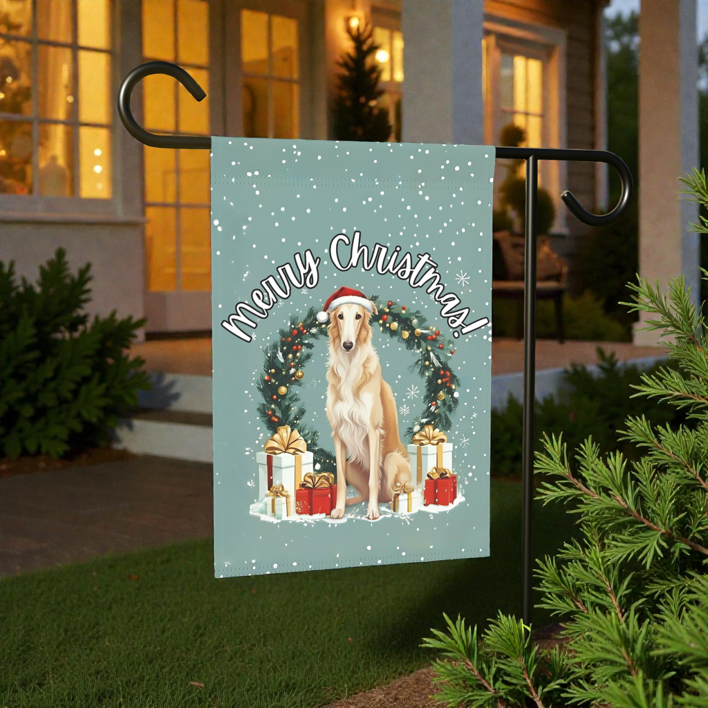 Merry Christmas Borzoi Garden Flag - product detail - Dragonfire Gardens