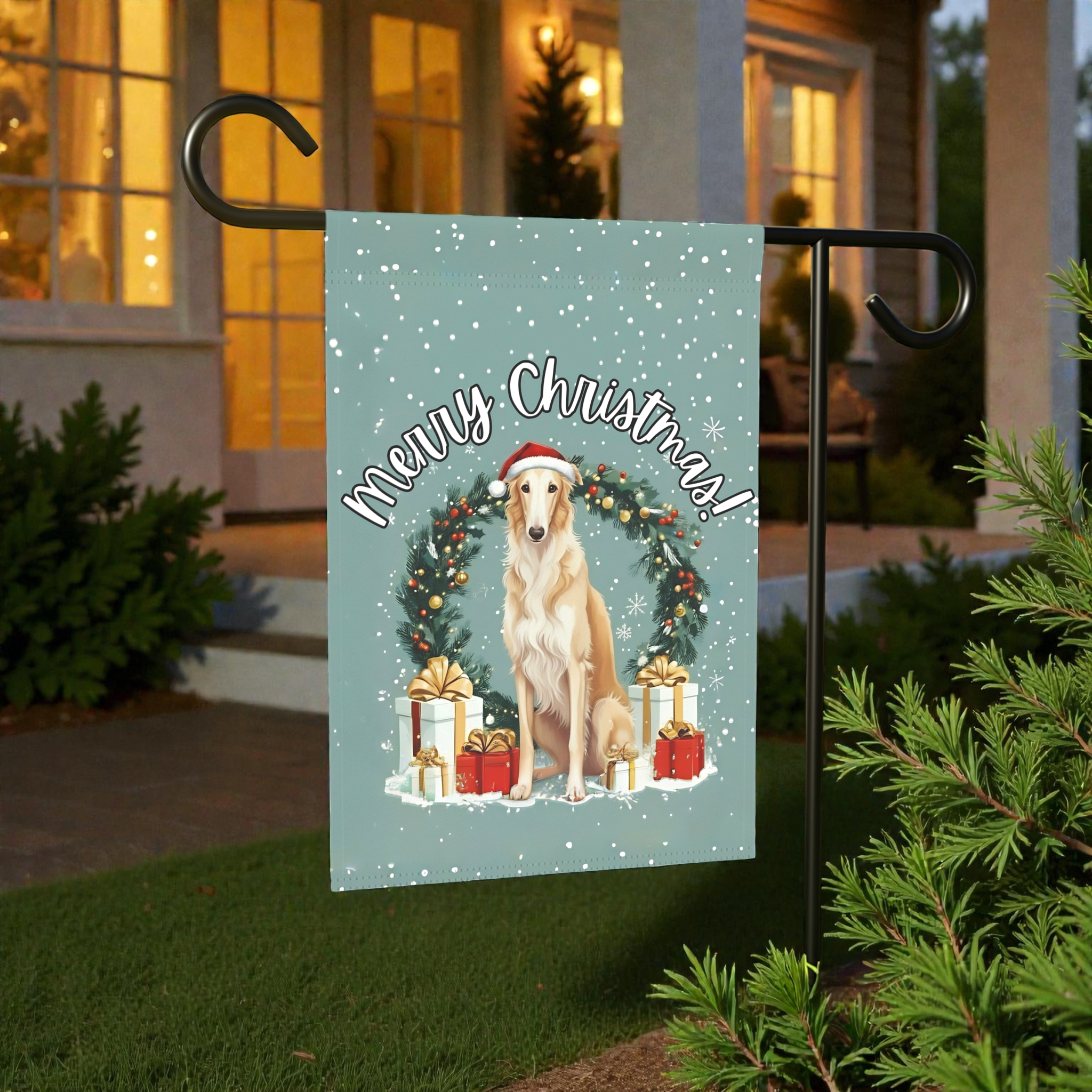Merry Christmas Borzoi Garden Flag - product detail - Dragonfire Gardens