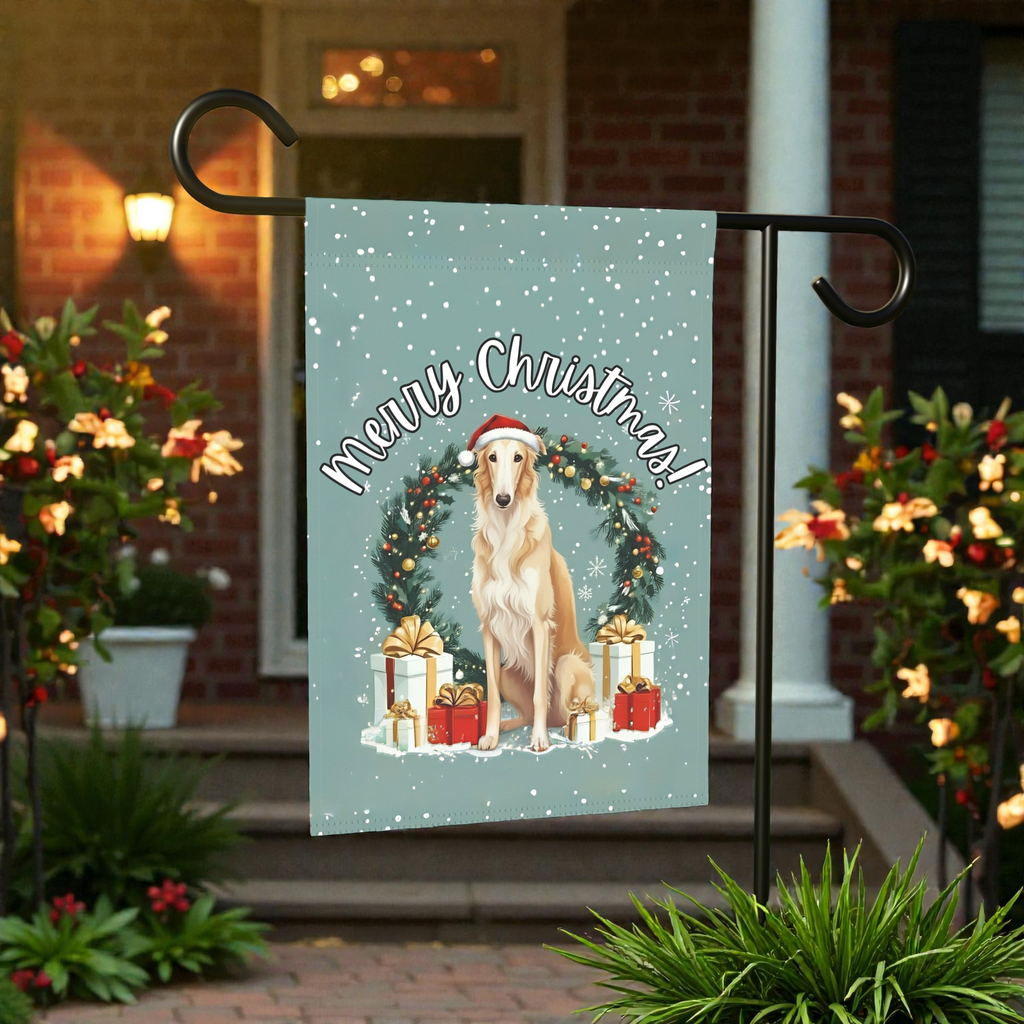 Merry Christmas Borzoi Garden Flag - front view - Dragonfire Gardens