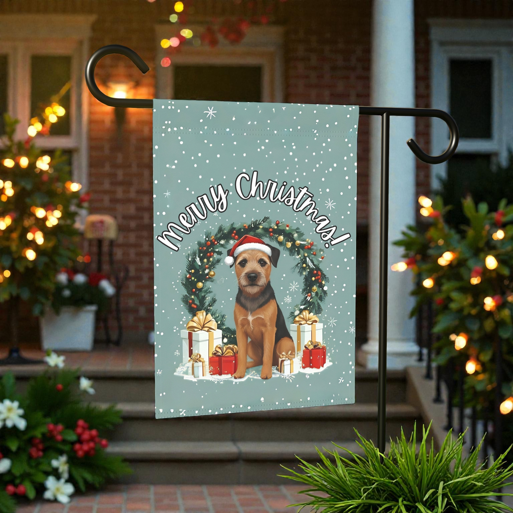 Merry Christmas Border Terrier Garden Flag - front view - Dragonfire Gardens
