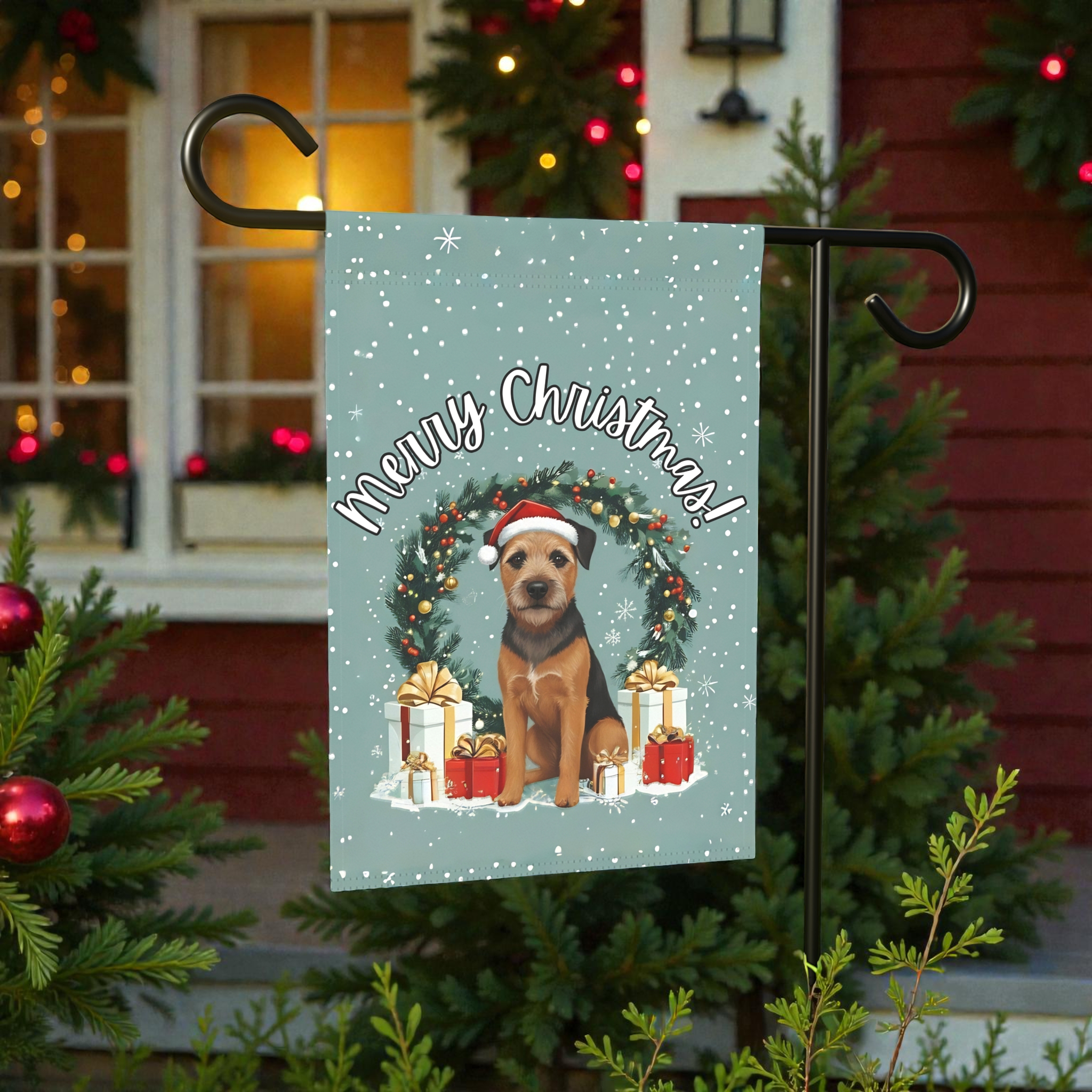 Merry Christmas Border Terrier Garden Flag - outdoor display - Dragonfire Gardens