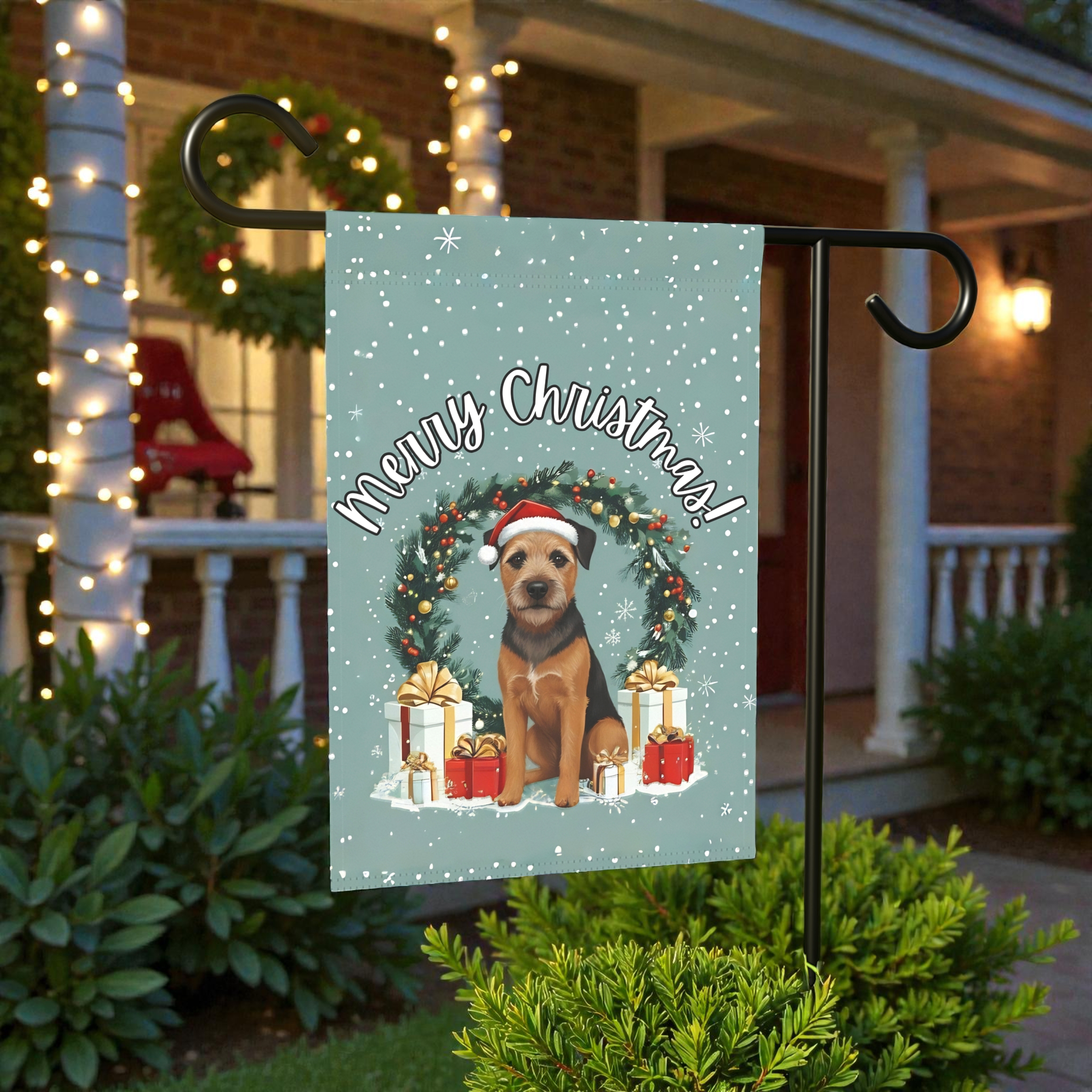 Merry Christmas Border Terrier Garden Flag - lifestyle display - Dragonfire Gardens