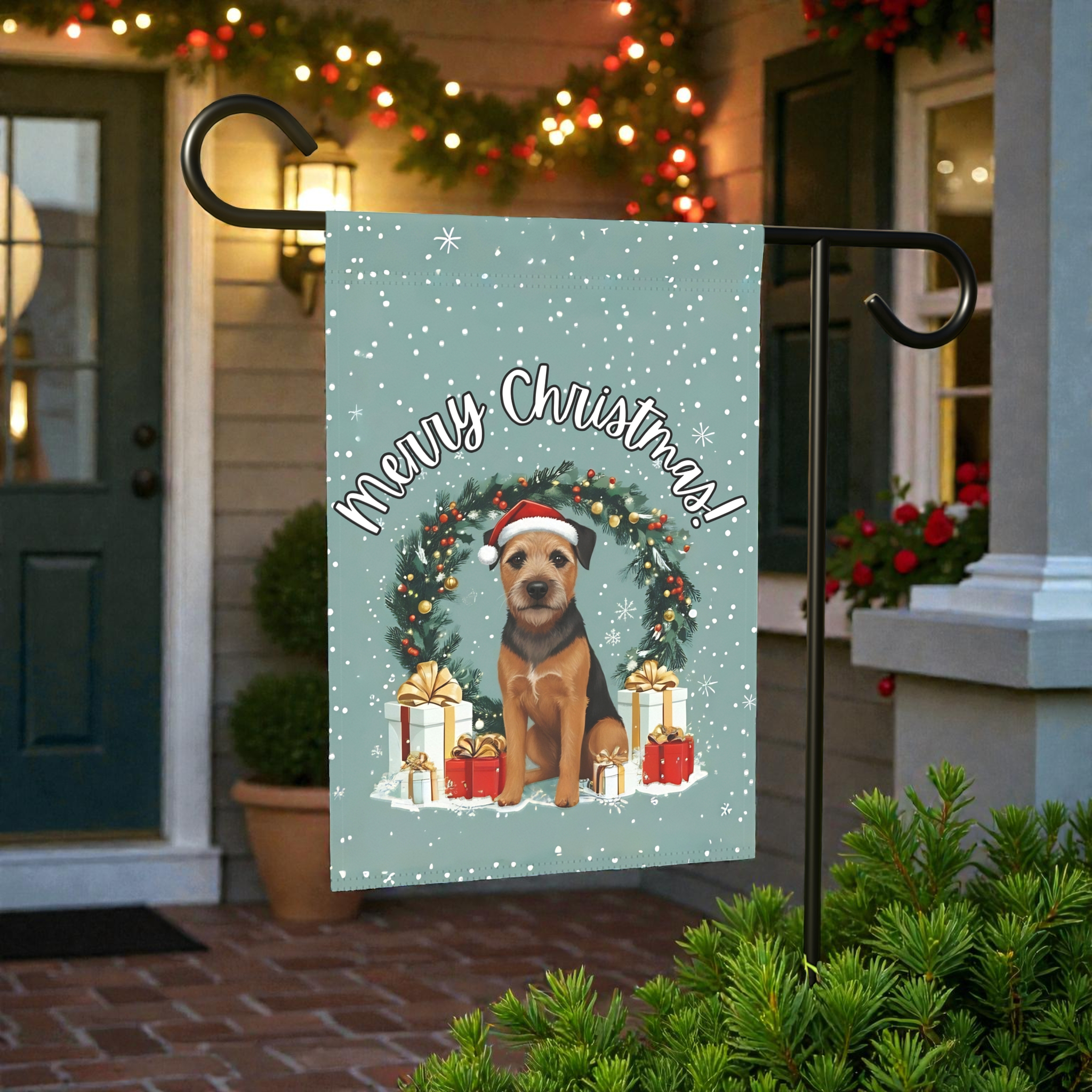 Merry Christmas Border Terrier Garden Flag - product detail - Dragonfire Gardens