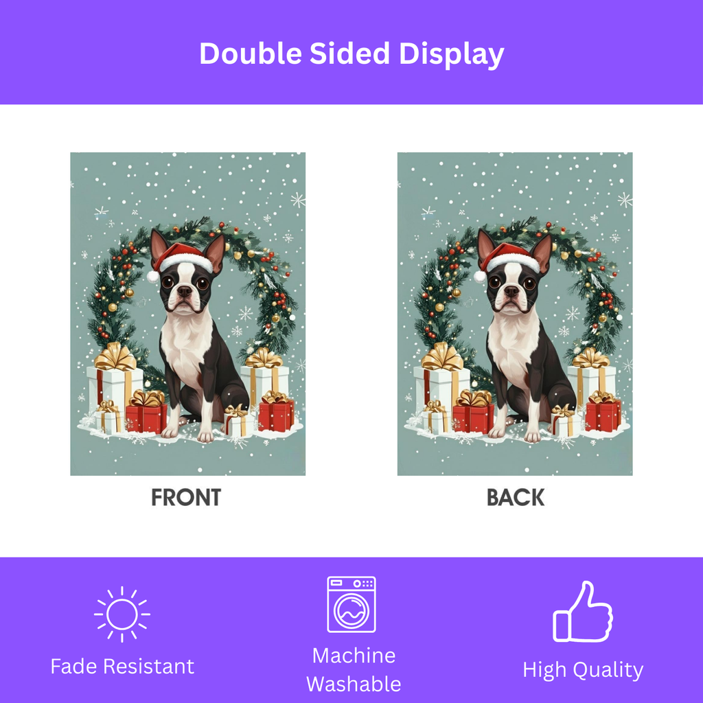 Merry Christmas Black and White Boston Terrier Garden Flag