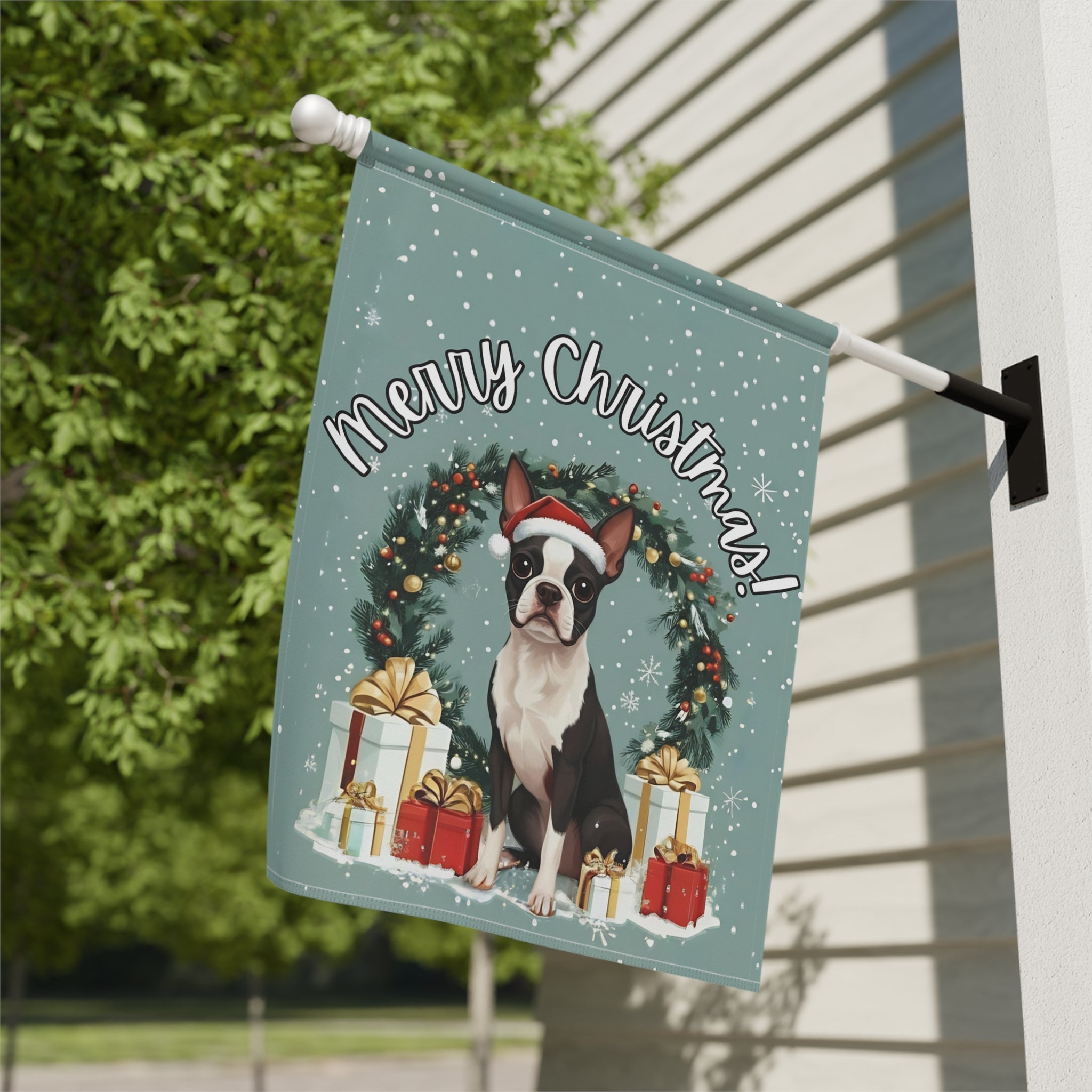Merry Christmas Black and White Boston Terrier Garden Flag - yard display - Dragonfire Gardens