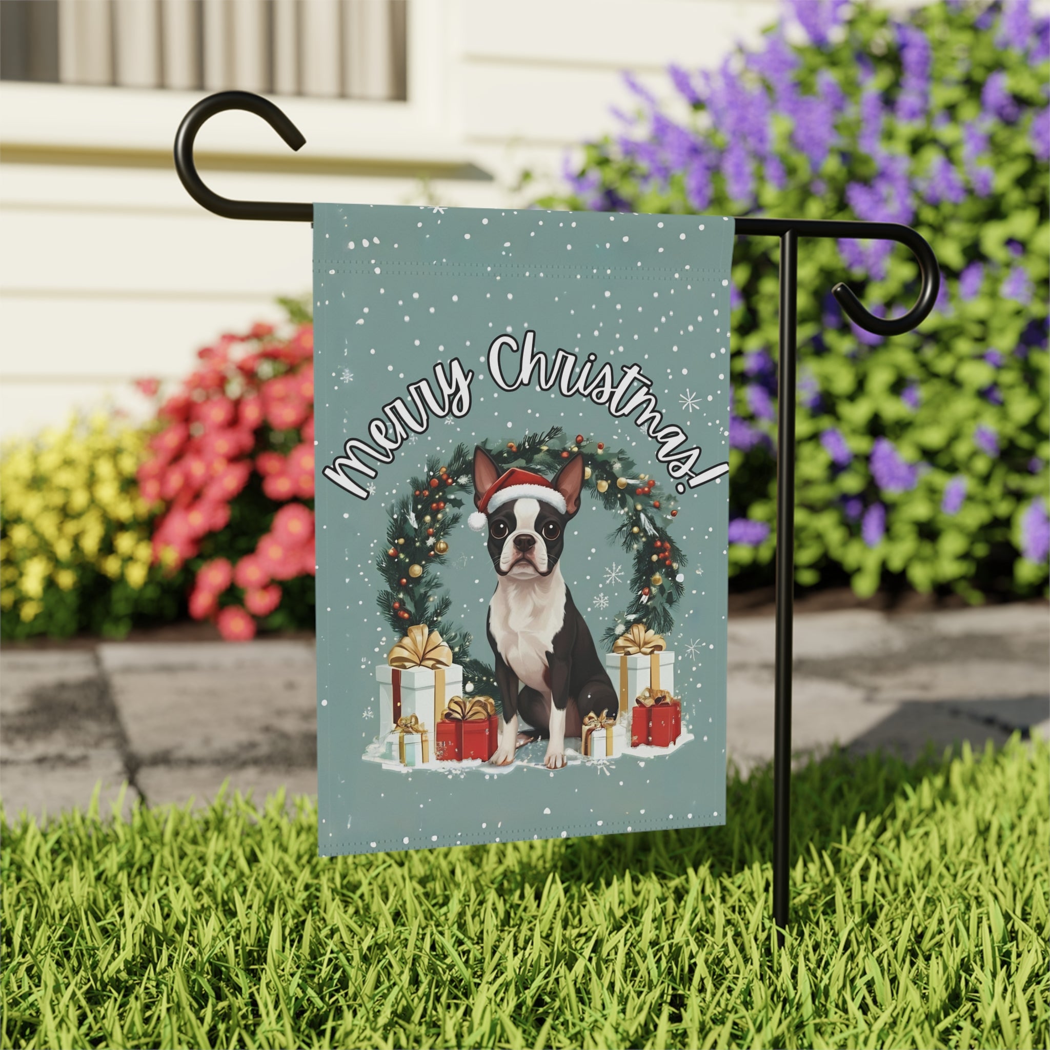 Merry Christmas Black and White Boston Terrier Garden Flag