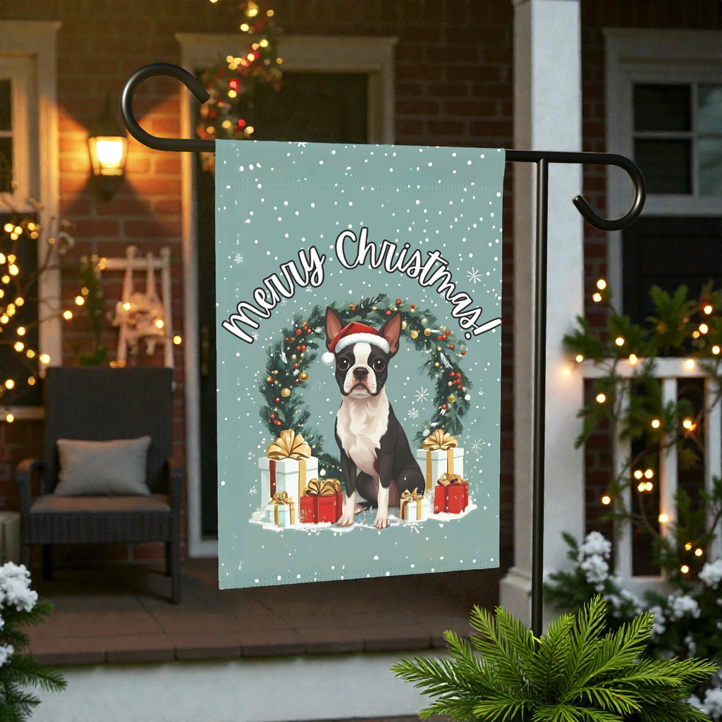 Merry Christmas Black and White Boston Terrier Garden Flag