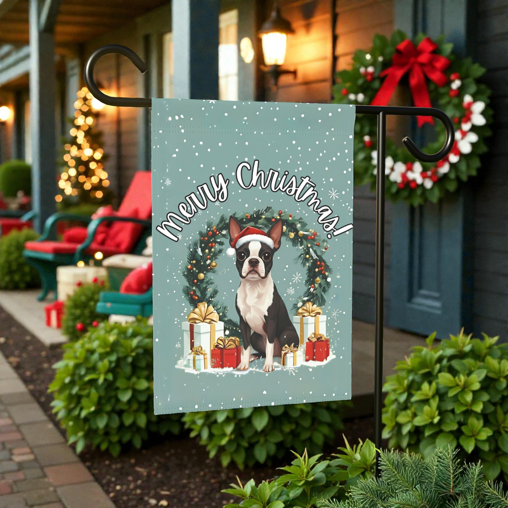 Merry Christmas Black and White Boston Terrier Garden Flag