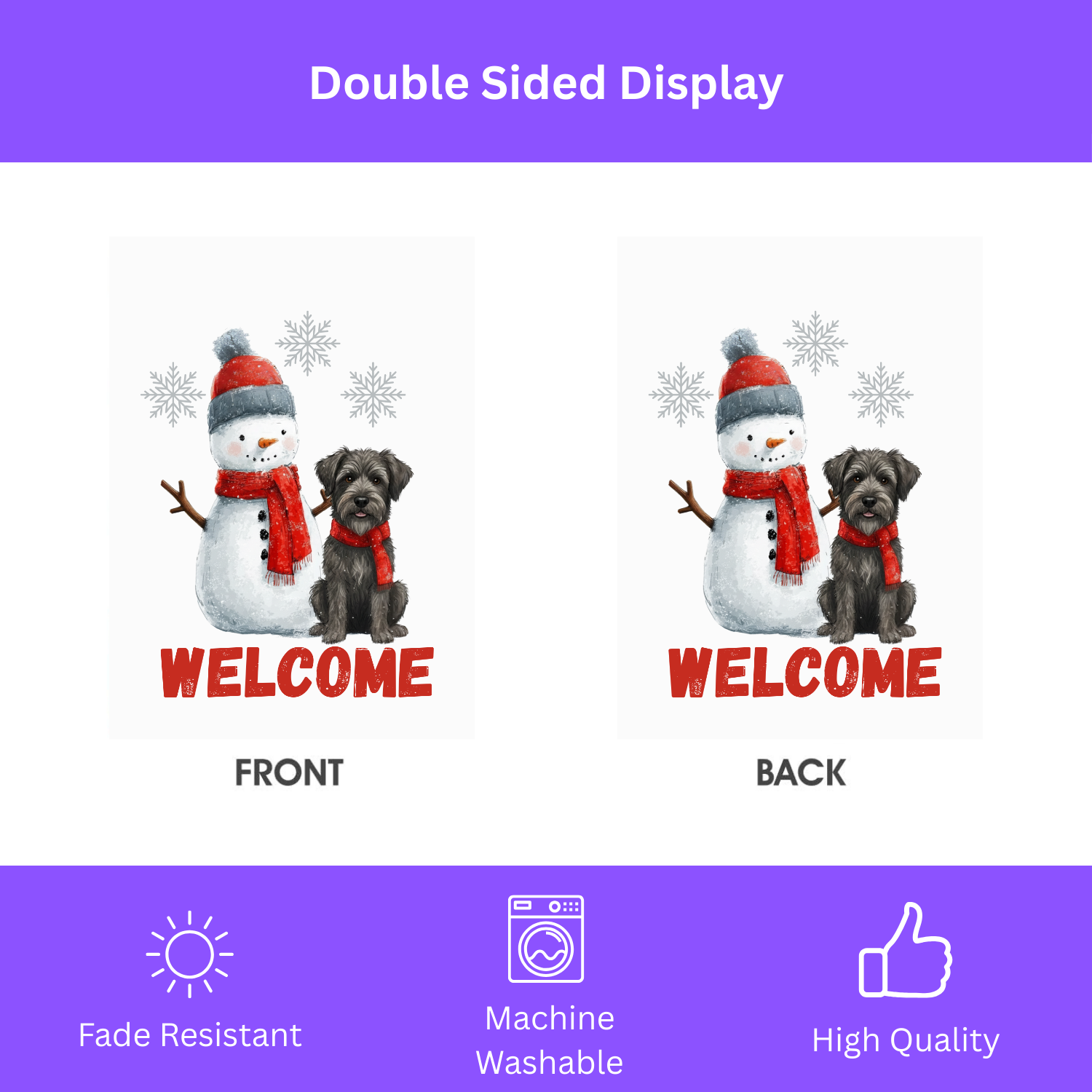 Bouvier Des Ardennes and Snowman Welcome Garden Flag - size comparison - Dragonfire Gardens