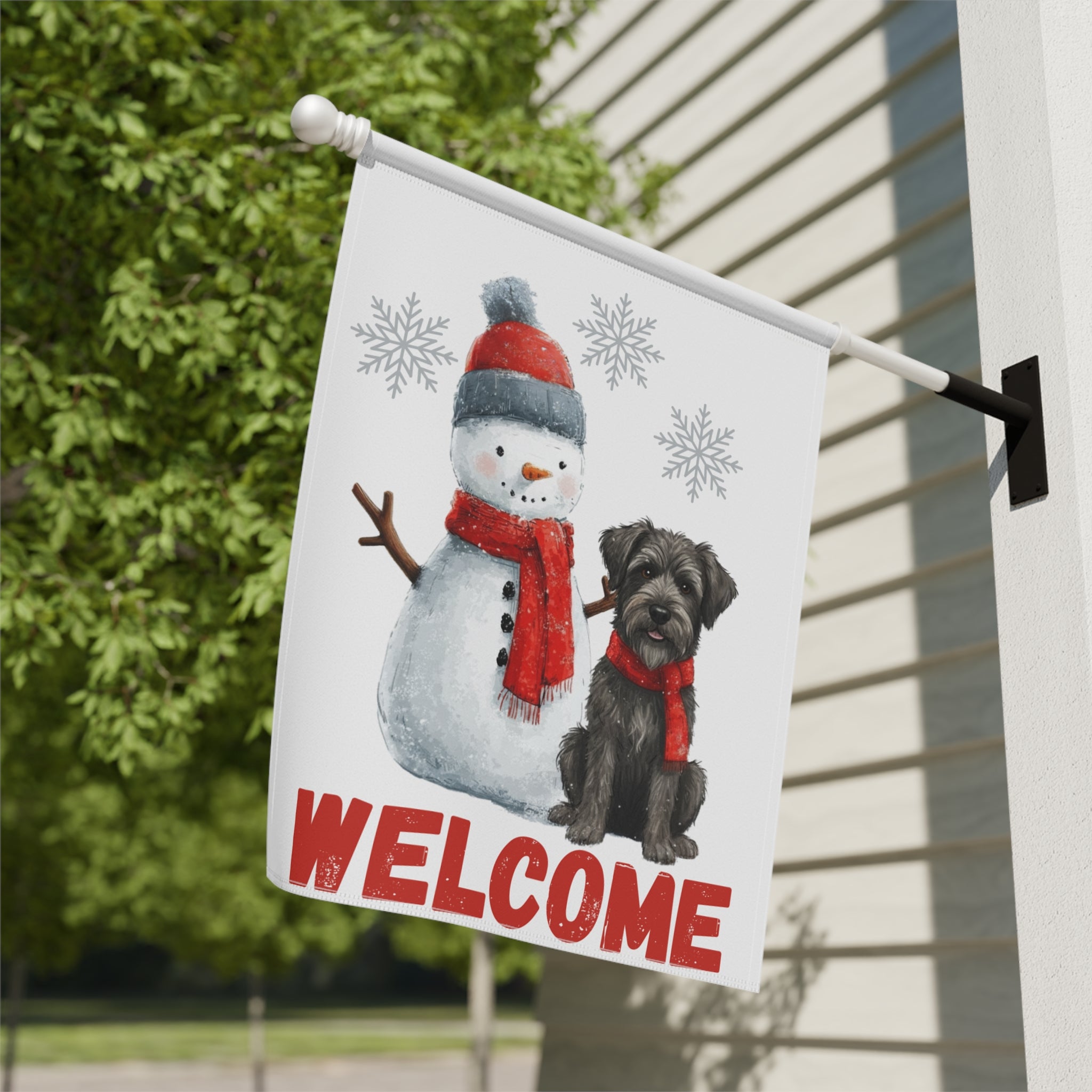 Bouvier Des Ardennes and Snowman Welcome Garden Flag - yard display - Dragonfire Gardens