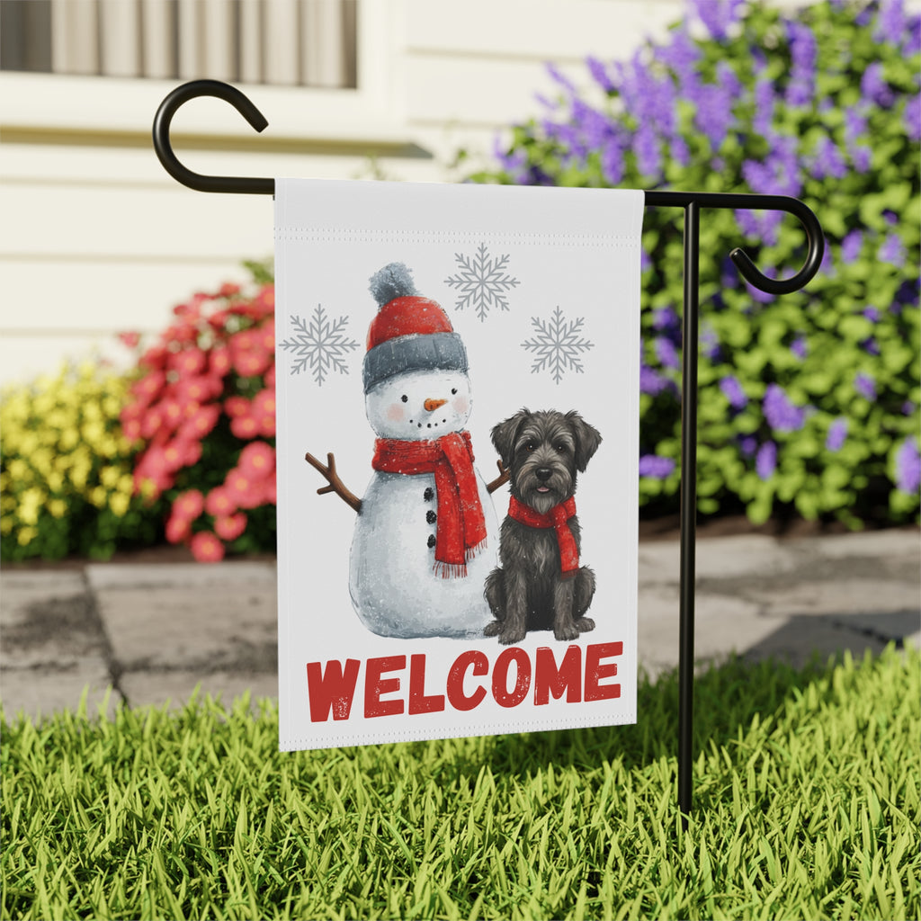 Bouvier Des Ardennes and Snowman Welcome Garden Flag - close-up detail - Dragonfire Gardens